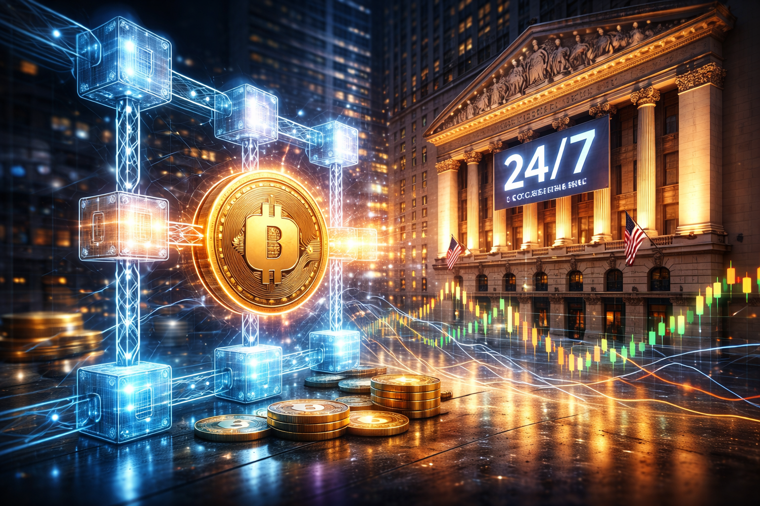 Photorealistic night view of the New York Stock Exchange exterior blended with a glowing blockchain network and digital market chart elements, symbolizing continuous tokenized trading.