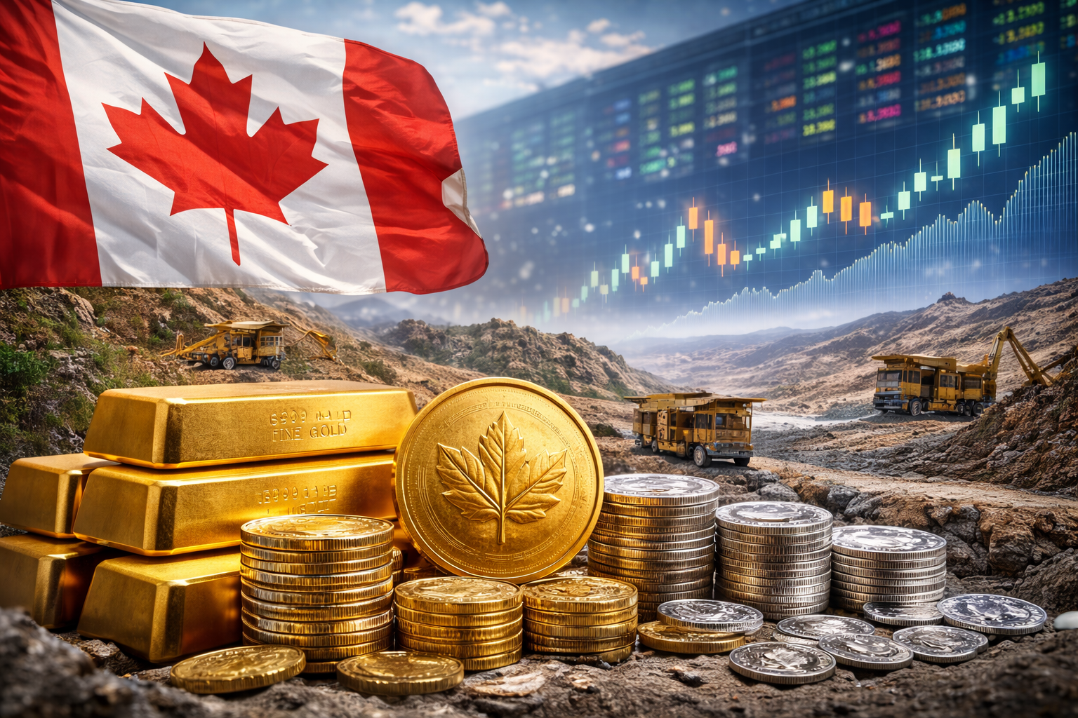 Photorealistic scene of stacked gold bars and gold-and-silver coins in the foreground, with an open-pit mine and heavy hauling trucks in the background, a Canadian flag waving above, and a blurred market-screen backdrop showing an upward price trend.