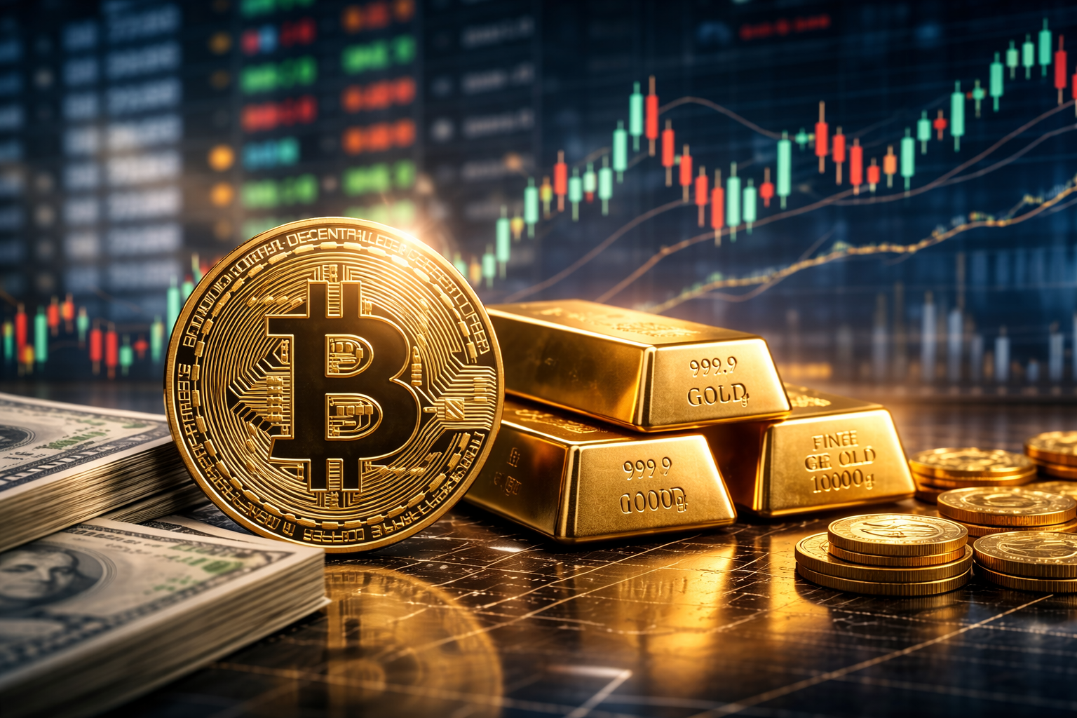 A large physical bitcoin coin beside stacked gold bars and U.S. dollar bills, with a blurred candlestick stock chart in the background.