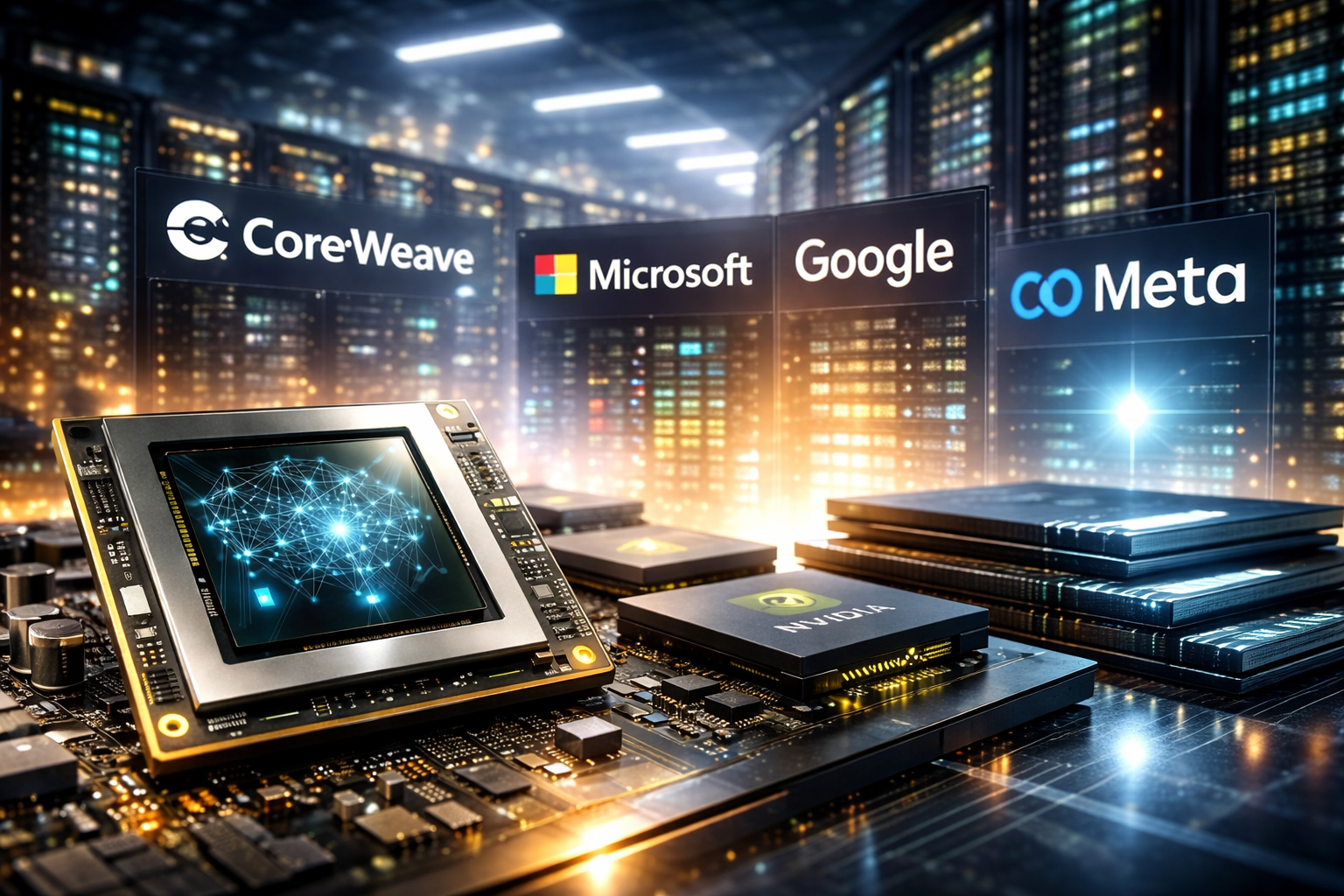 Close-up of advanced GPU and microchips in the foreground inside a modern data center, with glowing server racks and blurred tech-related screens in the background.