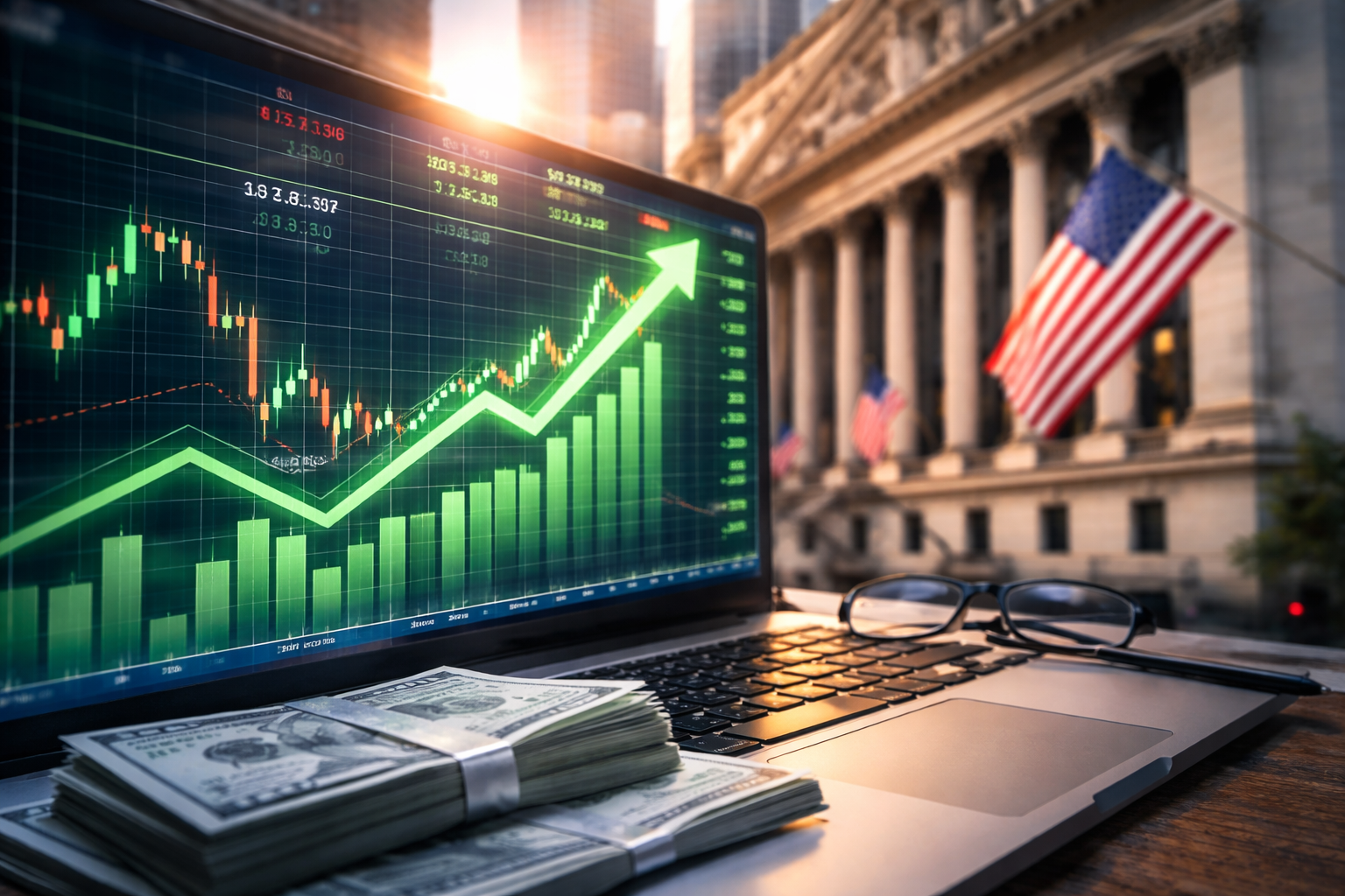 Laptop displaying a rising green stock chart and bar graph in the foreground, with the New York Stock Exchange building and a U.S. flag blurred in the background at sunrise.