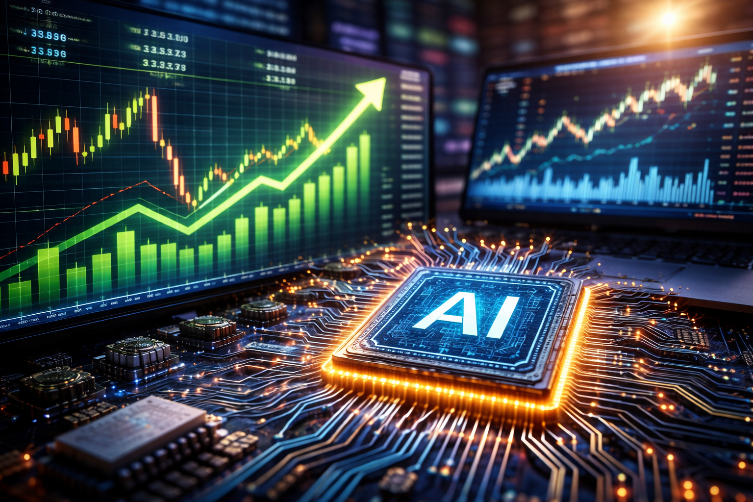 Close-up of a glowing microchip labeled “AI” on a circuit board, with multiple trading screens in the background showing rising and falling stock charts in green and red.