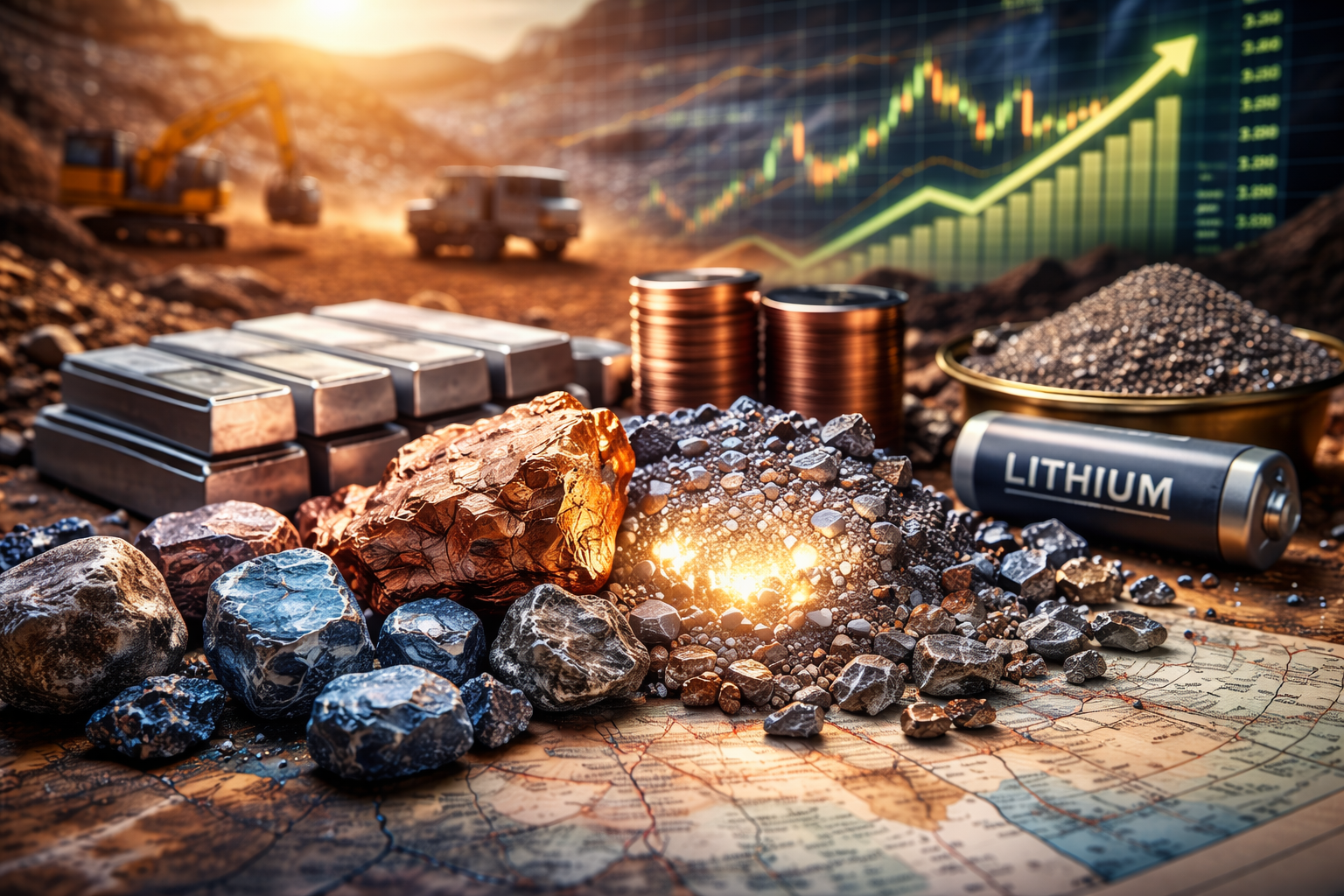 Assorted raw mineral rocks and refined metal bars on a detailed map in the foreground, with a distant open-pit mining site and a translucent rising market chart overlay in the background; a cylindrical battery cell sits to the right.