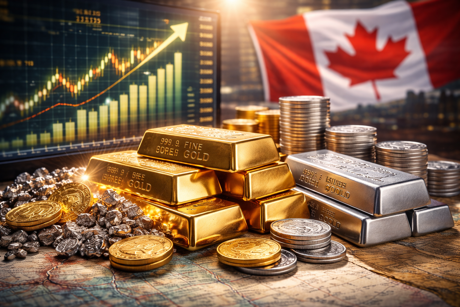 Stacked gold and silver bars and assorted coins in the foreground, with a blurred upward-trending market chart on a screen and a waving Canadian flag in the background.