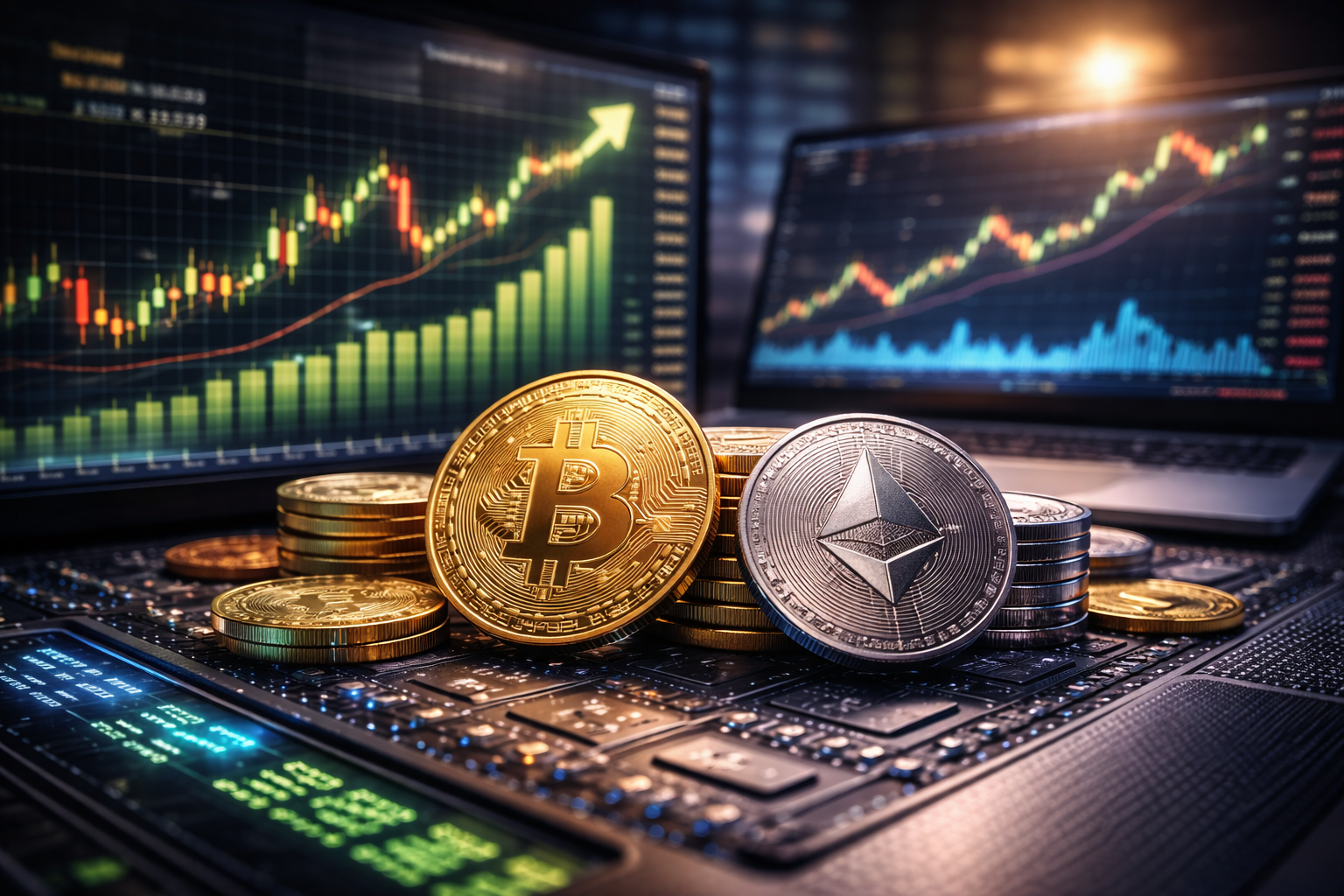 Close-up of a gold Bitcoin coin and a silver Ethereum coin on a trading desk, with blurred monitors in the background showing cryptocurrency candlestick charts and volume bars.