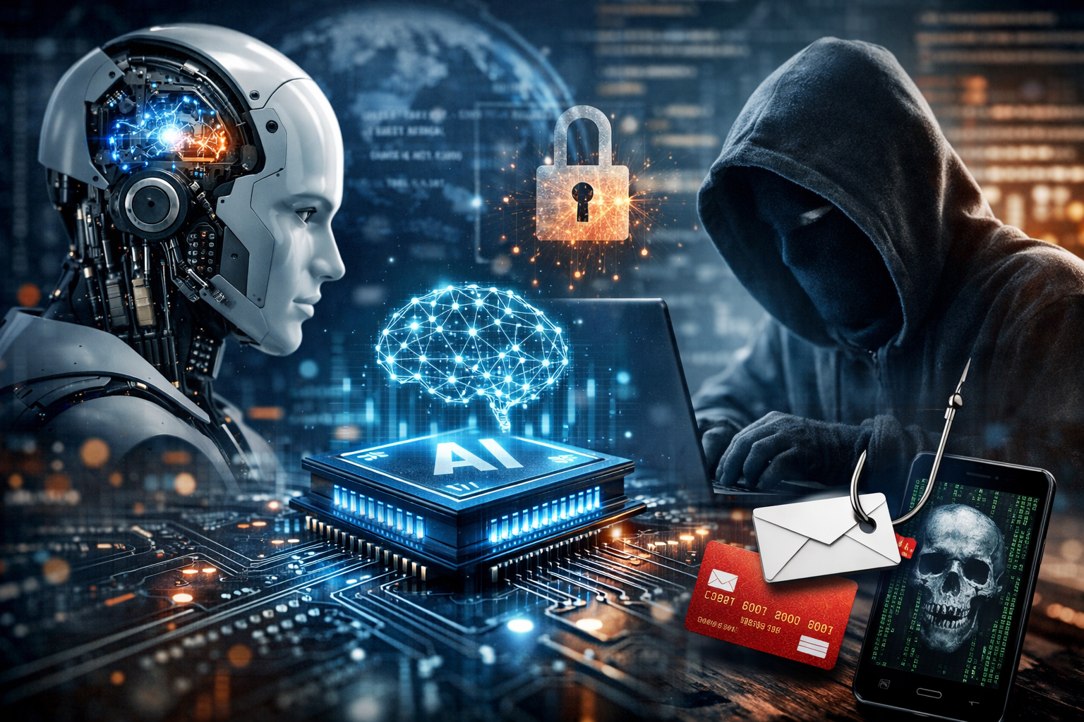 A photorealistic scene showing an AI processor and glowing network graphic on a circuit board, facing a hooded figure using a laptop, with cybersecurity and phishing symbols in the foreground.