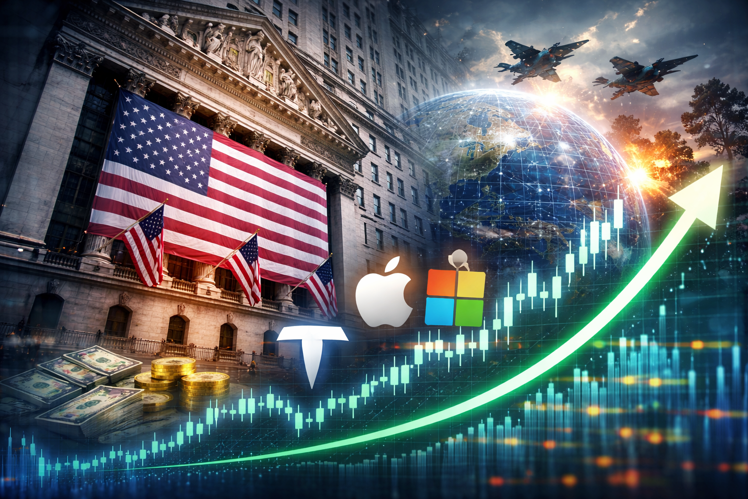 Photorealistic view of the New York Stock Exchange with large U.S. flags, overlaid with an upward financial chart and global imagery suggesting geopolitical risk.