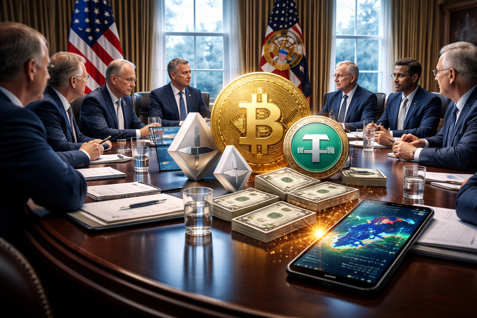 Photorealistic White House-style conference room scene with executives in suits around a table of documents and laptops, U.S. flags in the background, and prominent cryptocurrency coin symbols alongside stacks of dollar bills and a tablet showing market data.