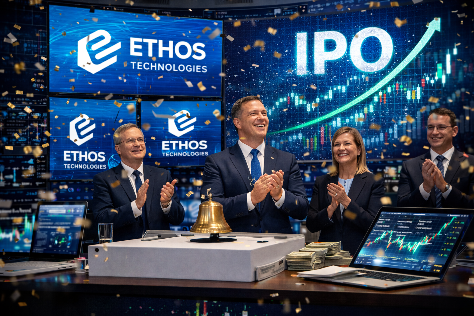 Photorealistic trading-floor celebration with executives in business attire around a brass bell as confetti falls, while large digital market screens in the background display IPO-themed visuals and rising stock-chart graphics.