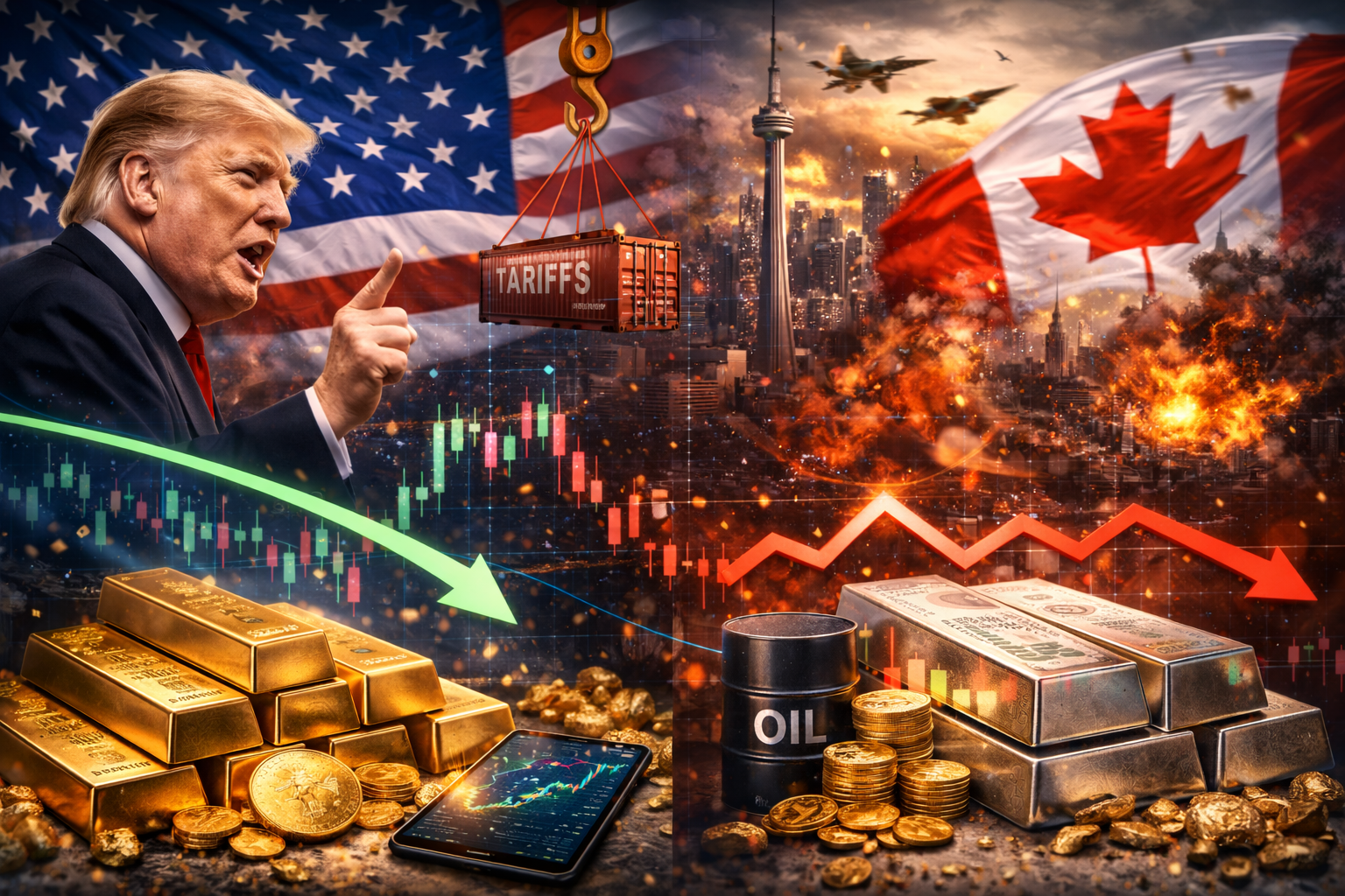 Photorealistic composite showing a U.S. political figure in profile against an American flag, a Canadian skyline with a large Canadian flag, dramatic crisis imagery, and foreground symbols of markets and commodities including gold, silver, oil, cash, and volatile stock-chart graphics.