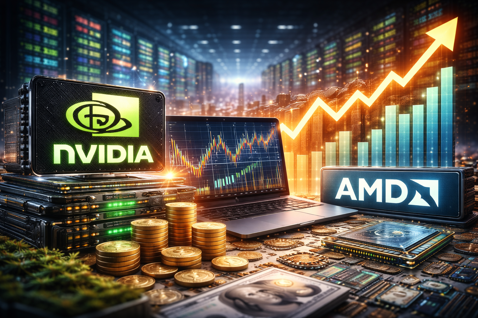 Photorealistic financial scene featuring semiconductor chips, trading screens, stacked coins, and glowing market indicators inside a modern technology-focused market environment.