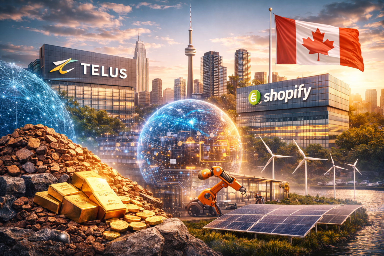 Toronto skyline at sunset with modern office buildings, renewable energy infrastructure, mining resources, and digital network imagery representing Canada’s evolving economy.
