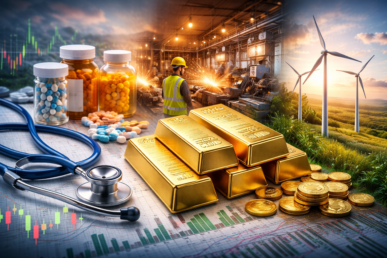 Gold bars and coins on financial charts alongside a stethoscope and medicine bottles, with an industrial factory scene and wind turbines in the background, symbolizing diversified investment sectors.