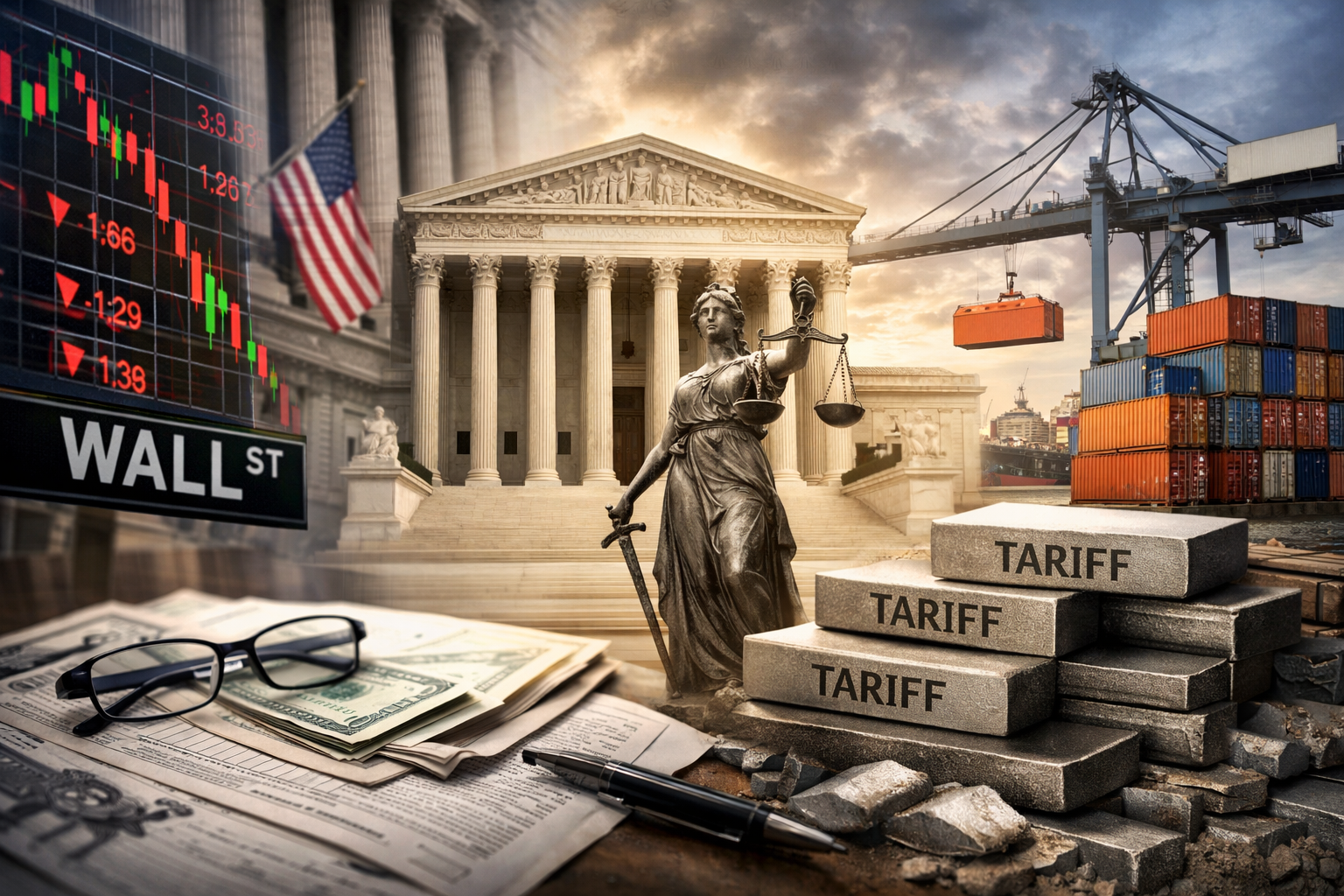 Photorealistic collage showing the U.S. Supreme Court, Wall Street market charts, shipping containers at a port, and tariff-themed blocks—symbolizing market uncertainty ahead of jobs data and a tariff ruling.