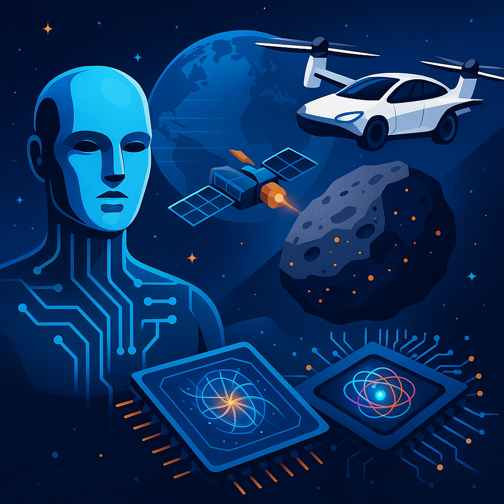 Illustration of a humanoid AI figure, a flying car, a satellite orbiting near an asteroid, and quantum computer chips, all set against a cosmic Earth backdrop.