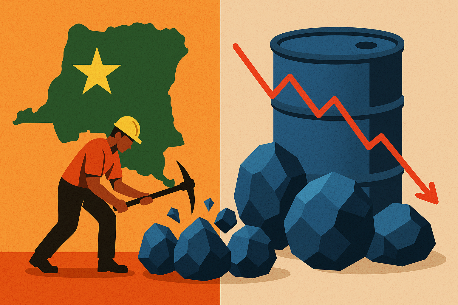 Illustration of a miner extracting cobalt in front of a map of the Congo, contrasted with a cobalt barrel and a downward price chart.