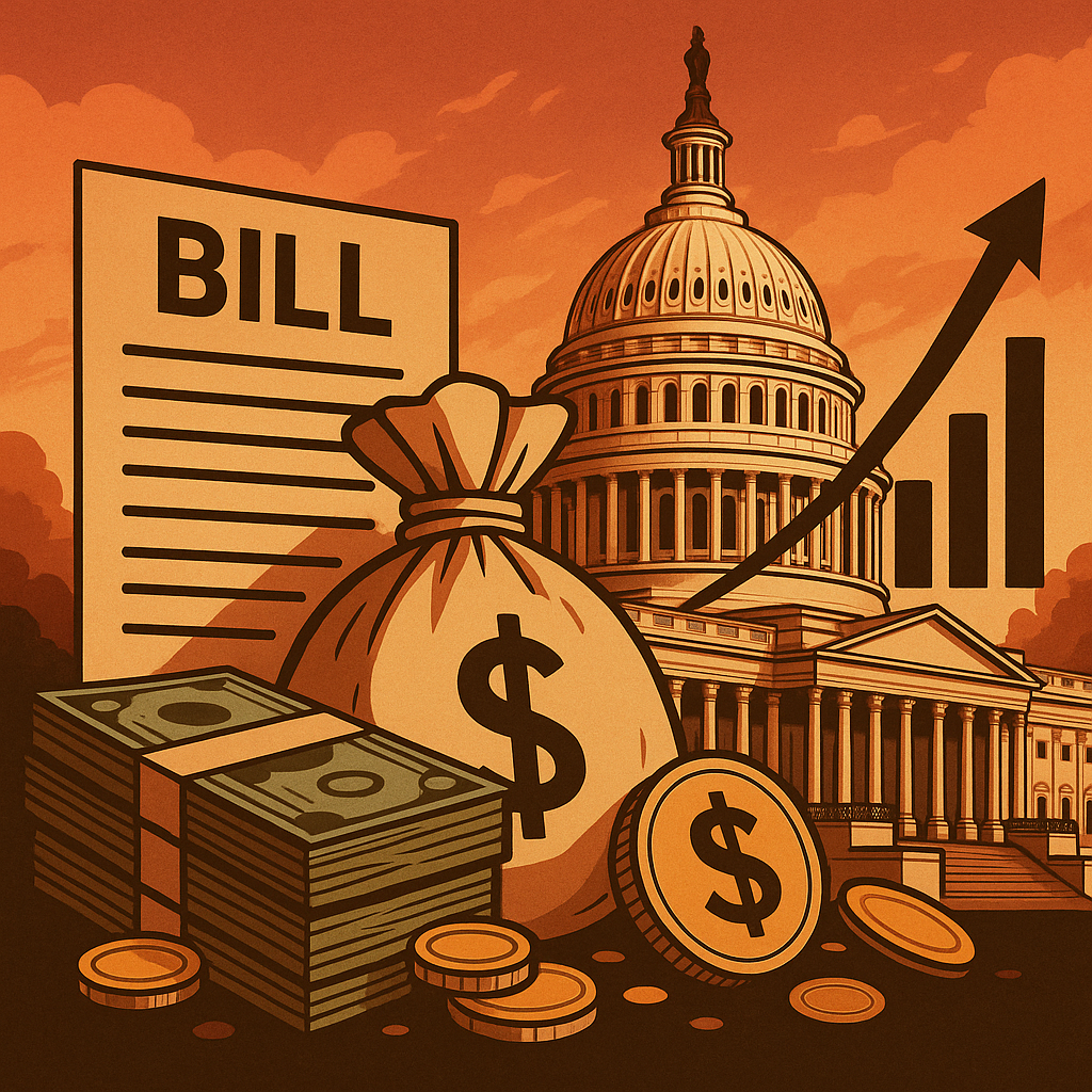 Illustration of the U.S. Capitol building with money bags, dollar bills, a fiscal bill, and an upward-trending graph symbolizing government spending and economic policy