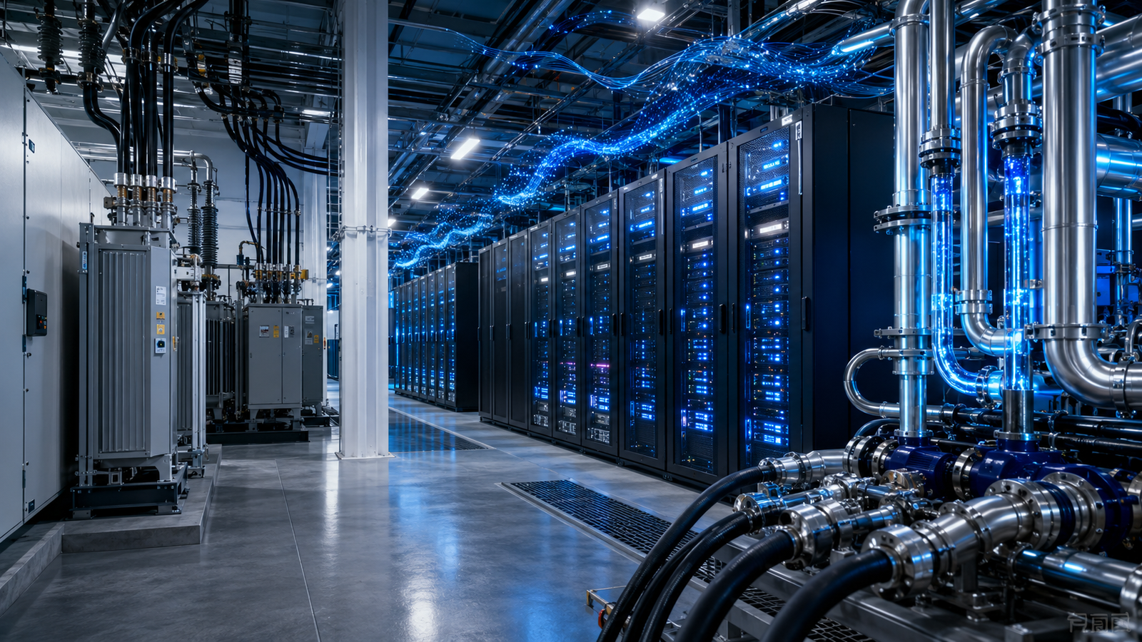 A photorealistic industrial data center with glowing server racks, electrical switchgear, power cables, and advanced cooling pipes symbolizing AI infrastructure investment.