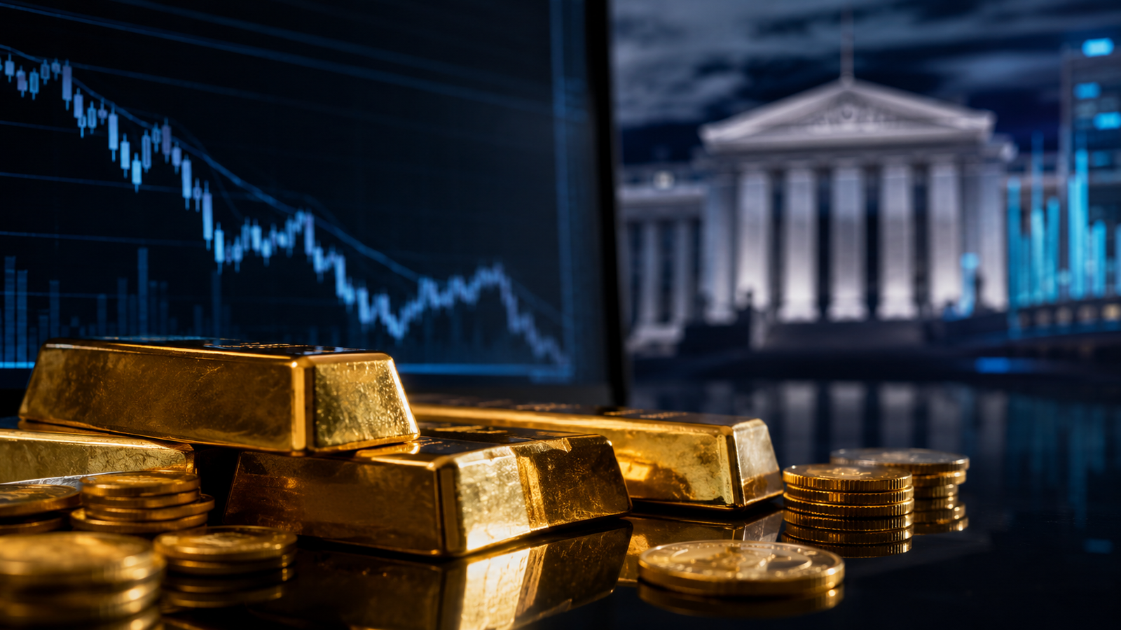 Photorealistic gold bars and coins on a reflective trading desk with a downward market chart and blurred central-bank-style building in the background, symbolizing pressure from rising Treasury yields.