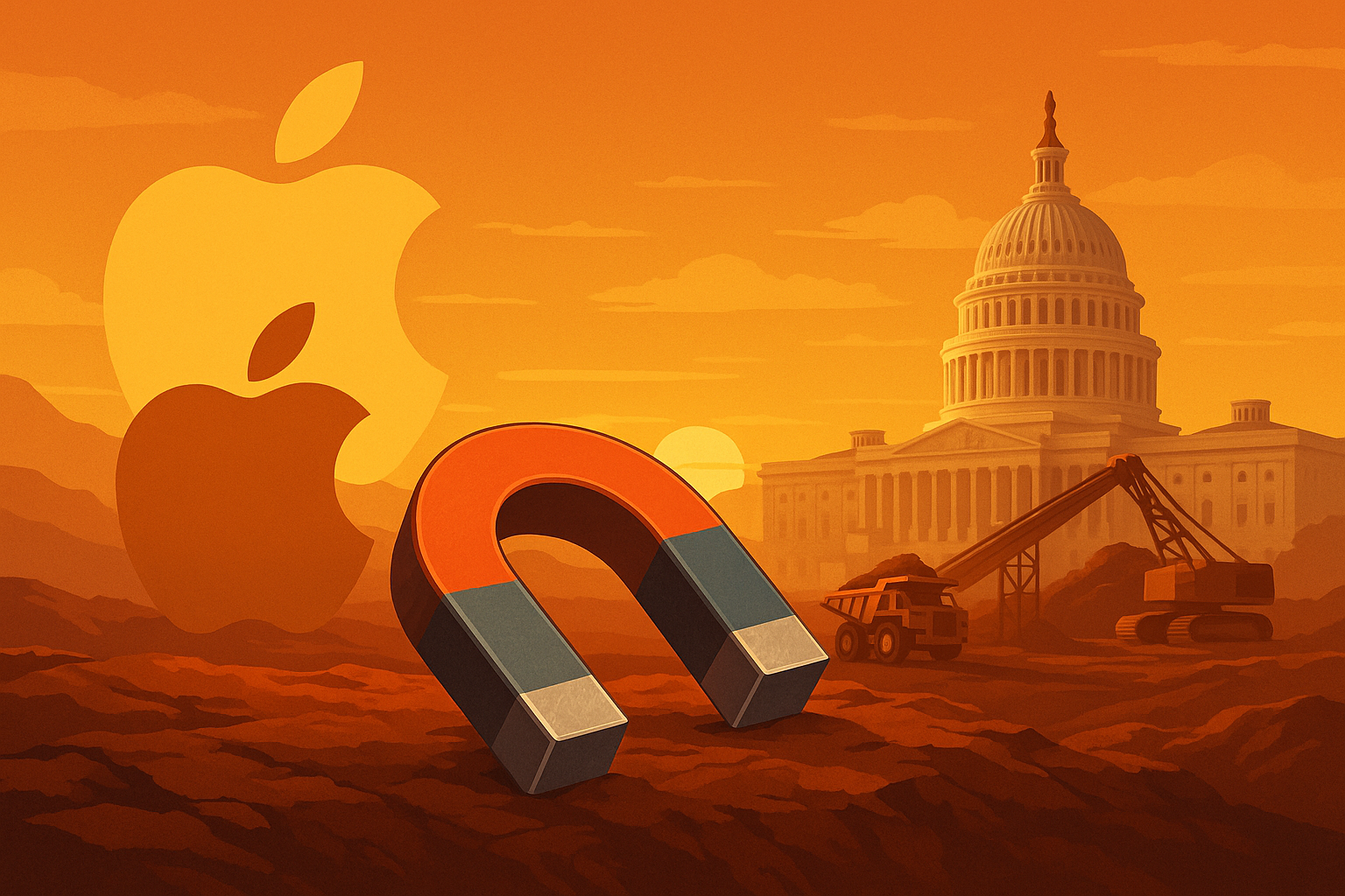 A symbolic magnet on red soil in front of the U.S. Capitol and Apple logo, with mining equipment in the background.
