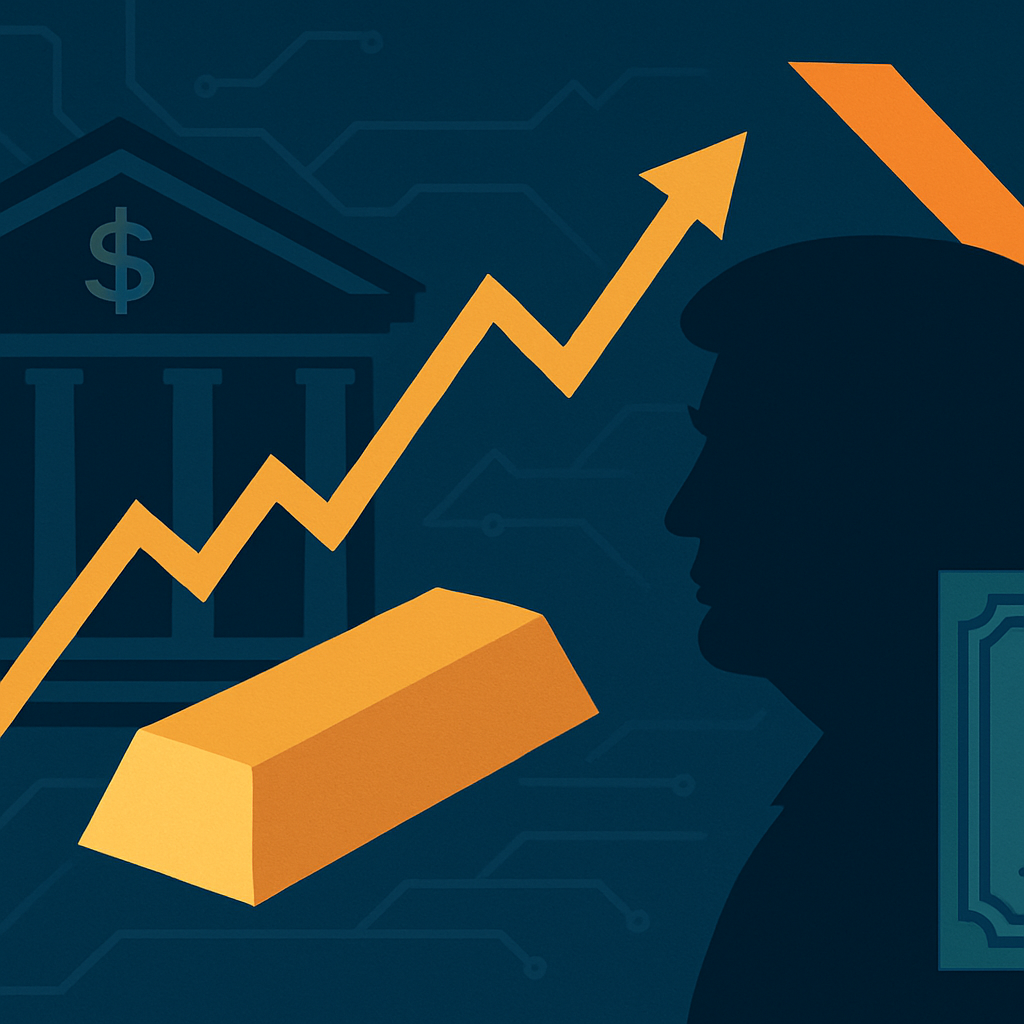 Illustration showing a gold bar, upward trend line, silhouette of a political figure, and symbolic Federal Reserve building representing market reaction to political influence.
