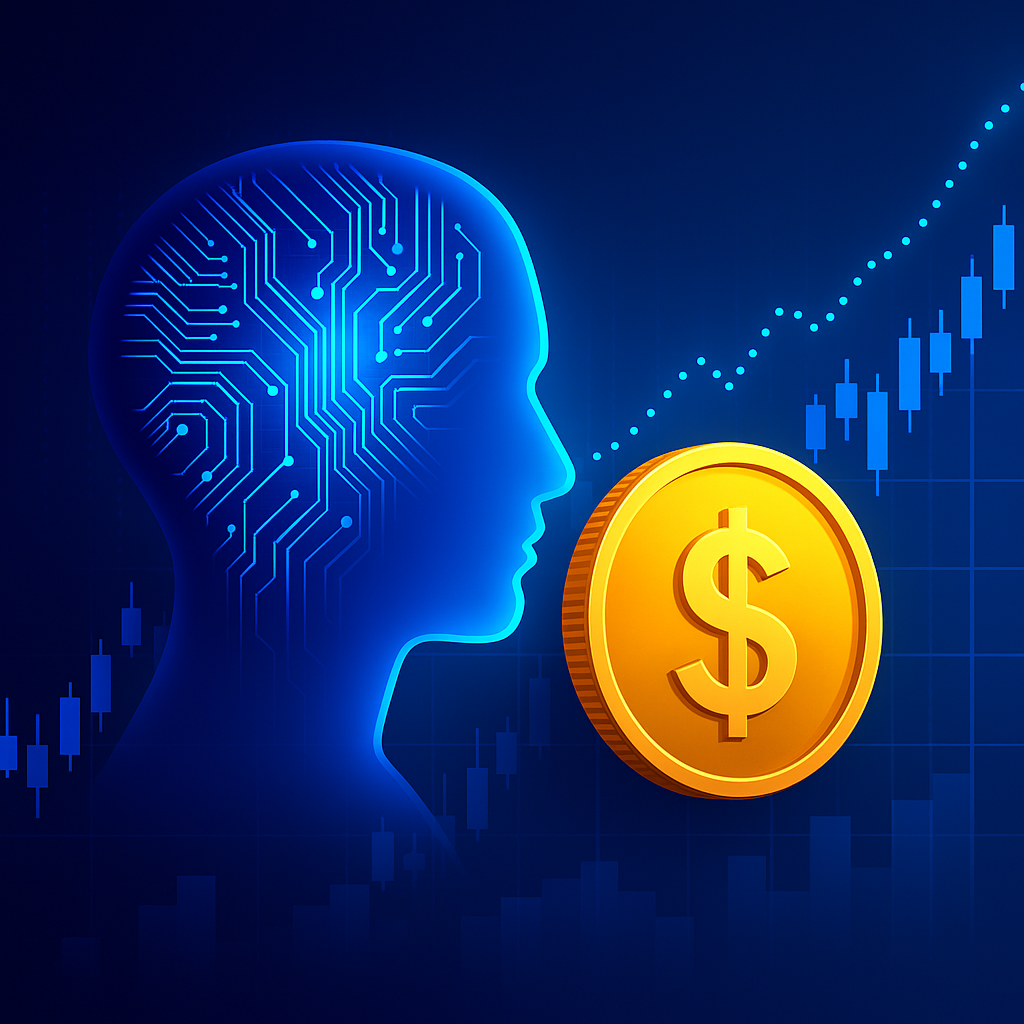 A glowing blue silhouette of a human head with circuit board patterns beside a golden dollar coin, set against a background of financial charts and rising market trends.