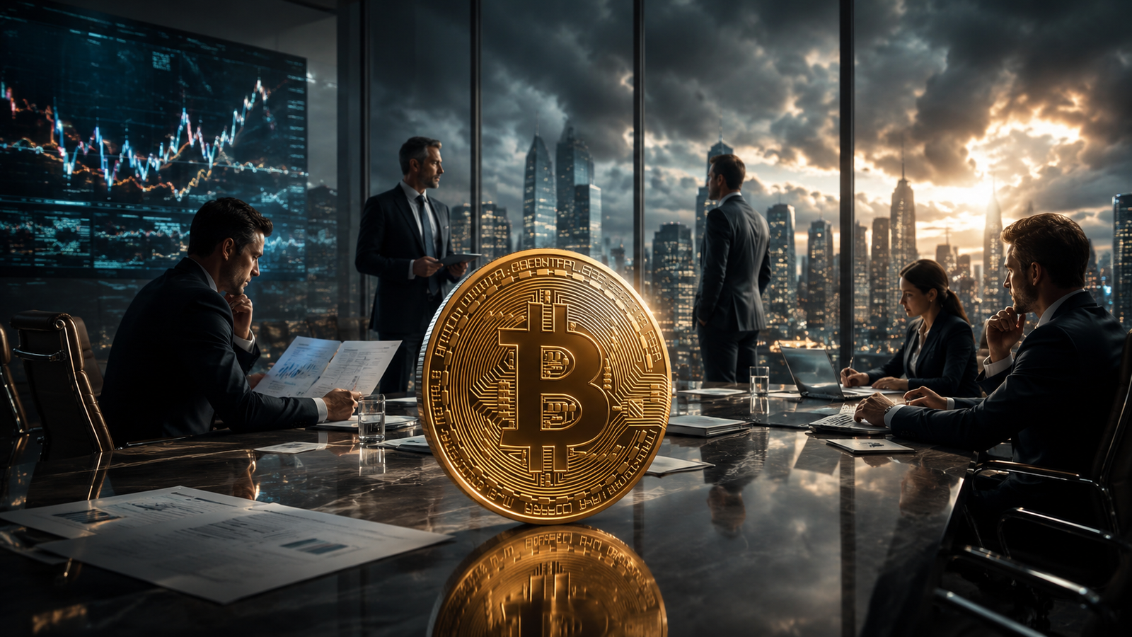 Photorealistic boardroom scene with a large golden Bitcoin coin on a reflective table, business professionals reviewing financial documents, market charts in the background, and storm clouds over a city skyline.