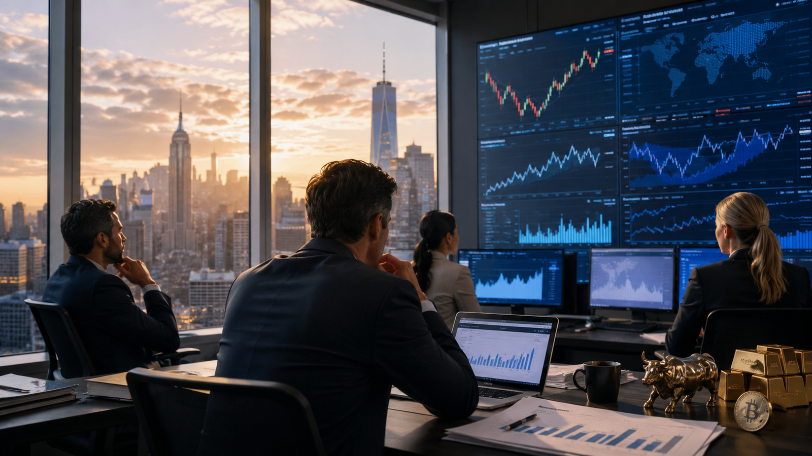 Photorealistic trading office with financial professionals watching market screens, charts, and global data displays while a U.S. city skyline glows outside at sunrise.