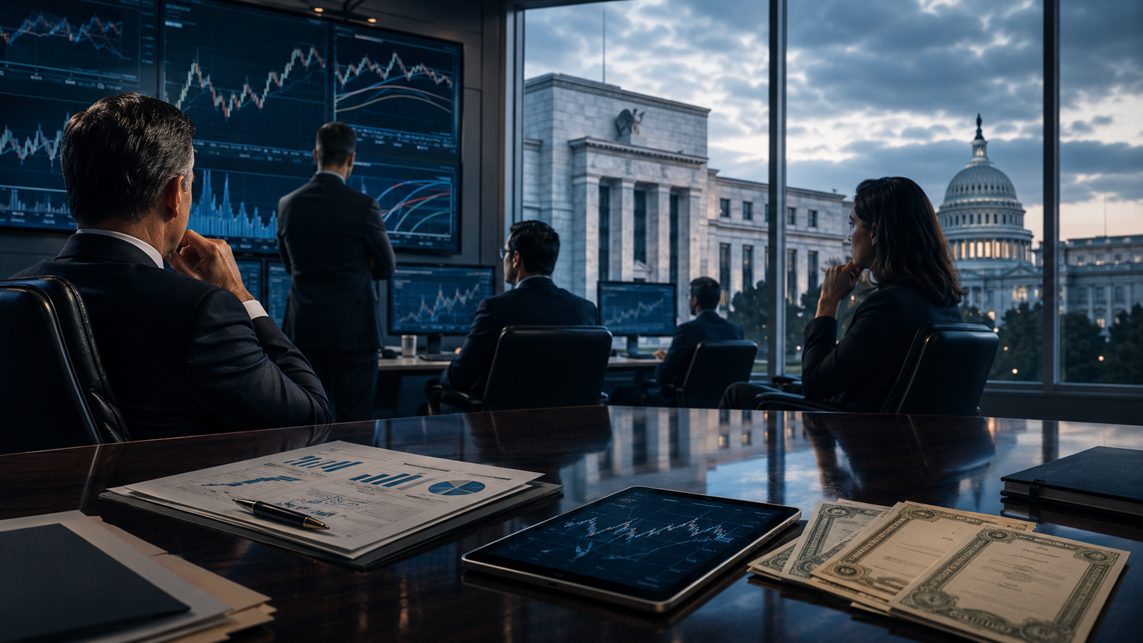 Photorealistic financial strategy room with investors watching market charts, policy buildings visible through the windows, and Treasury-style documents on a polished boardroom table.