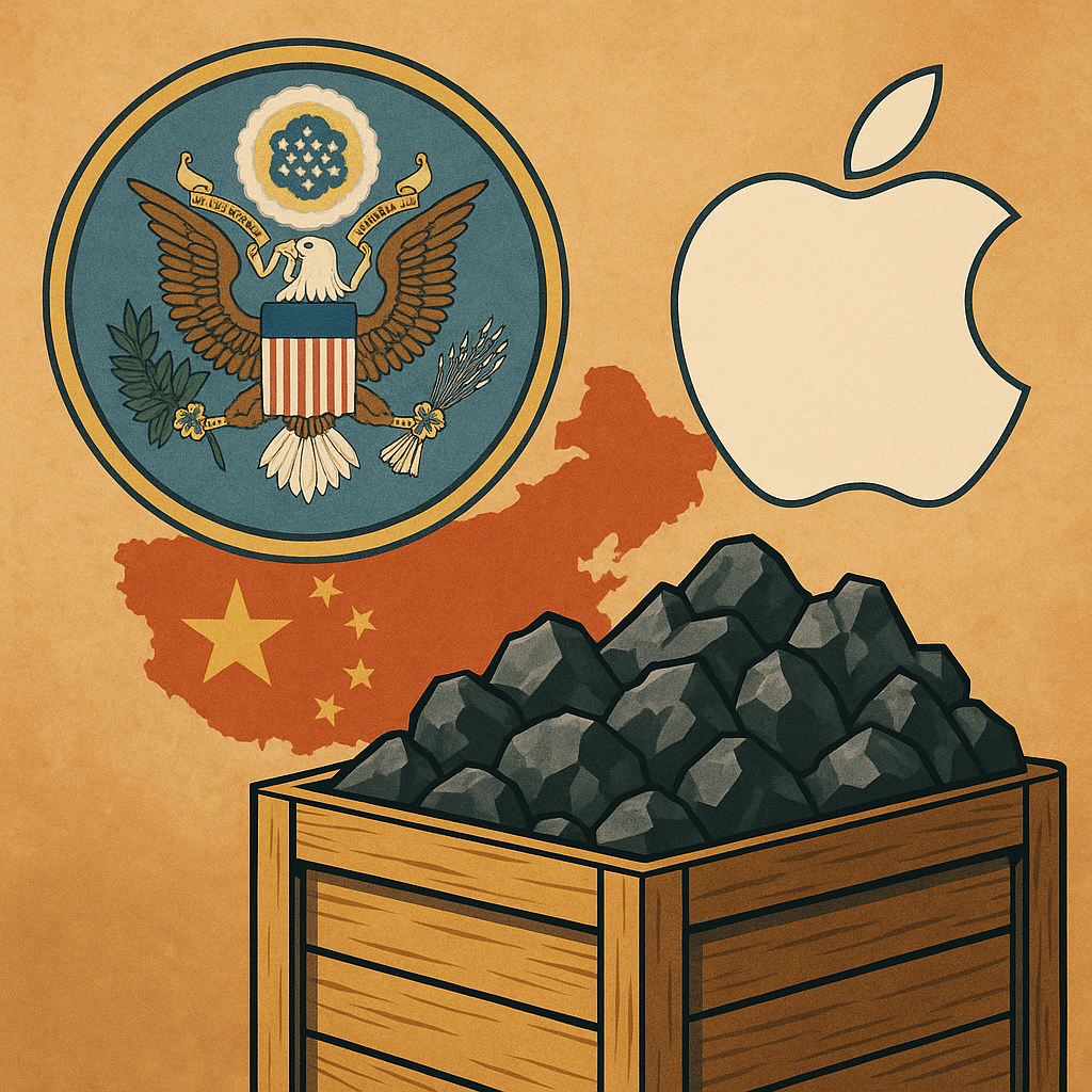 A symbolic illustration of a wooden crate filled with dark minerals, flanked by the U.S. Great Seal, the Apple logo, and a red Chinese map in the background.
