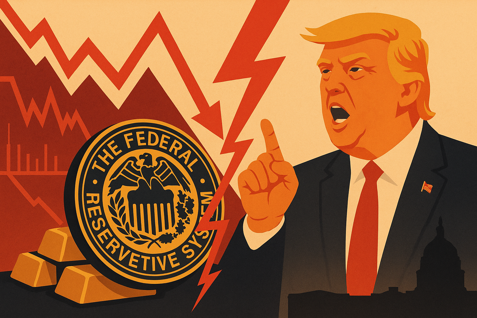 Illustration of Donald Trump confronting the Federal Reserve symbol amid falling market charts, lightning bolts, and gold bars, symbolizing political interference and financial instability.