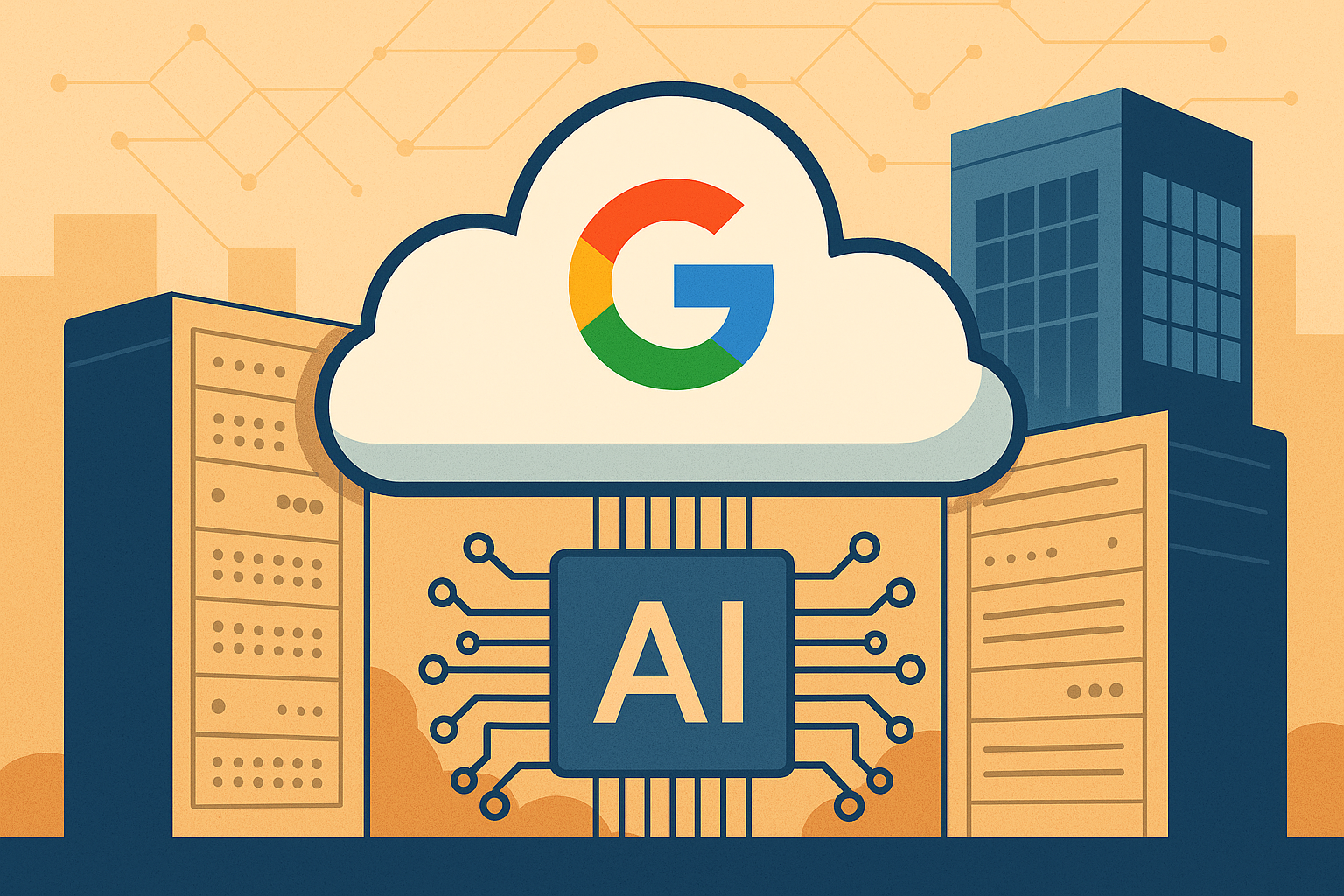 Illustration of cloud servers, an AI brain chip, and a rising financial graph symbolizing Alphabet’s growth in cloud and artificial intelligence.