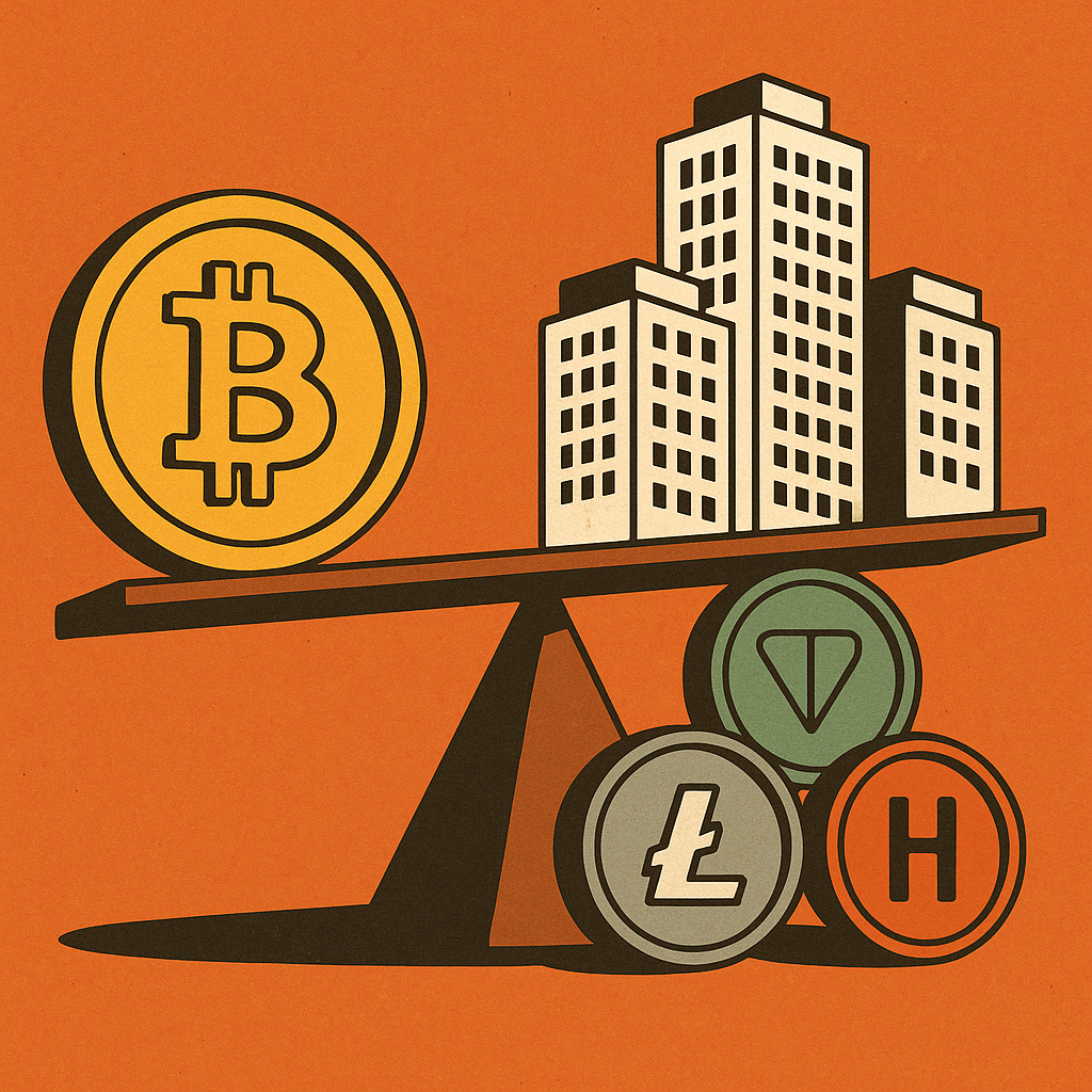 Illustration of a Bitcoin on one side of a seesaw and corporate skyscrapers on the other side, supported by altcoins like Toncoin, Litecoin, and a red "H" token.