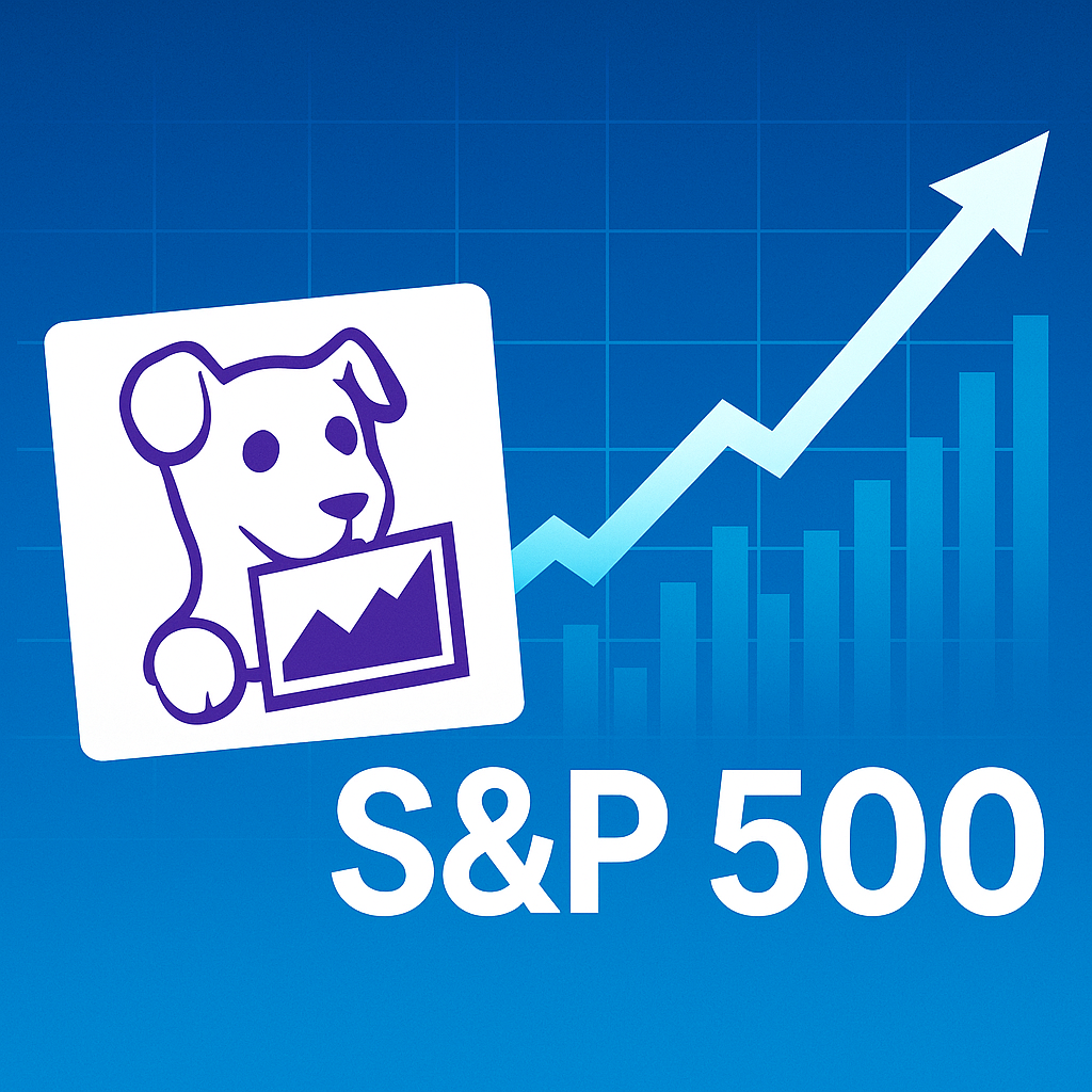 A stylized illustration featuring Datadog’s logo beside a rising stock chart and S&P 500 label on a blue gradient background.