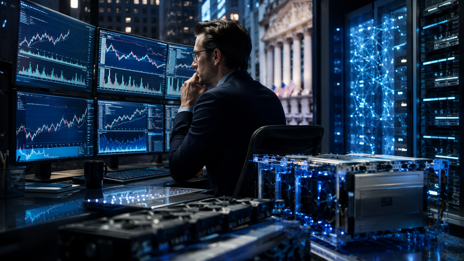 A photorealistic financial news image showing an investor analyzing market charts beside AI servers, semiconductor hardware, and data-center infrastructure, symbolizing scrutiny of AI spending during earnings season.