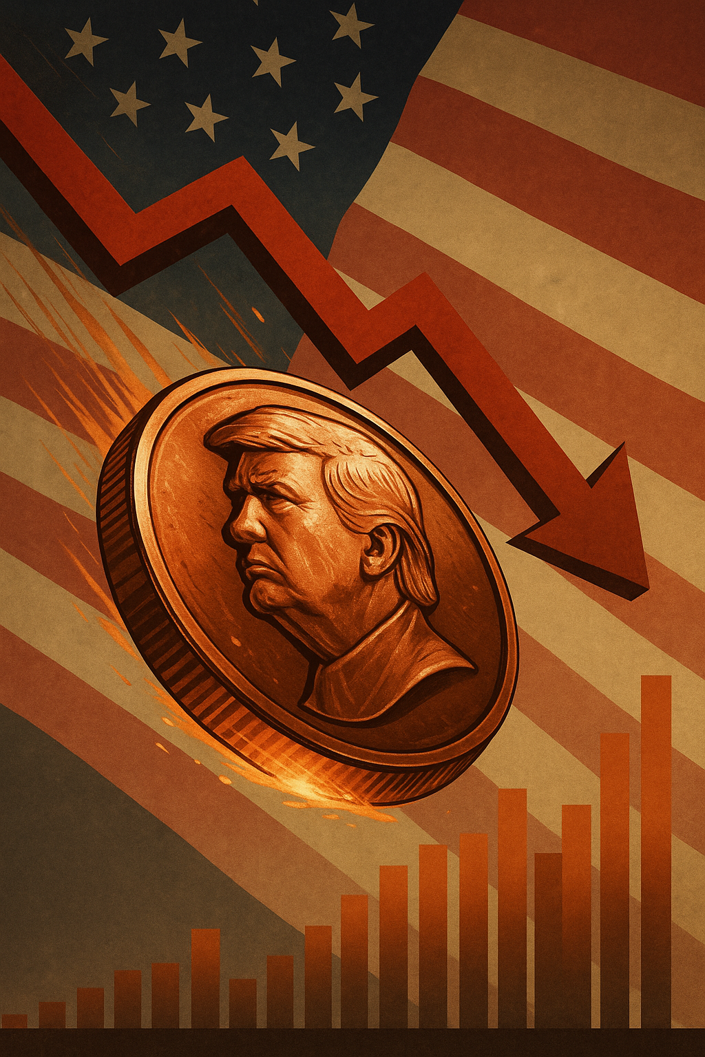 A large copper coin with Trump’s profile falls against the backdrop of a downward stock chart and the American flag.