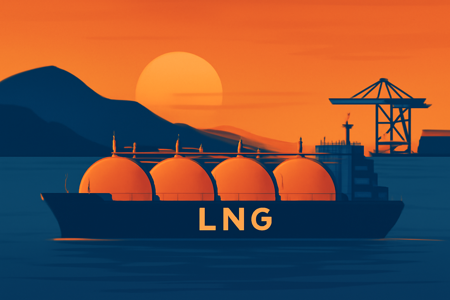 Illustration of a liquefied natural gas carrier ship with orange domes at sunset, near port cranes and mountain silhouettes