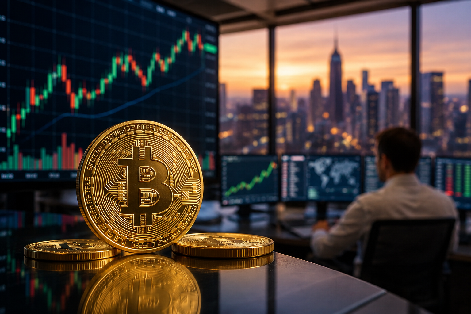 A gold Bitcoin coin on a reflective desk in a modern trading office, with market charts, a trader and a city skyline in the background.