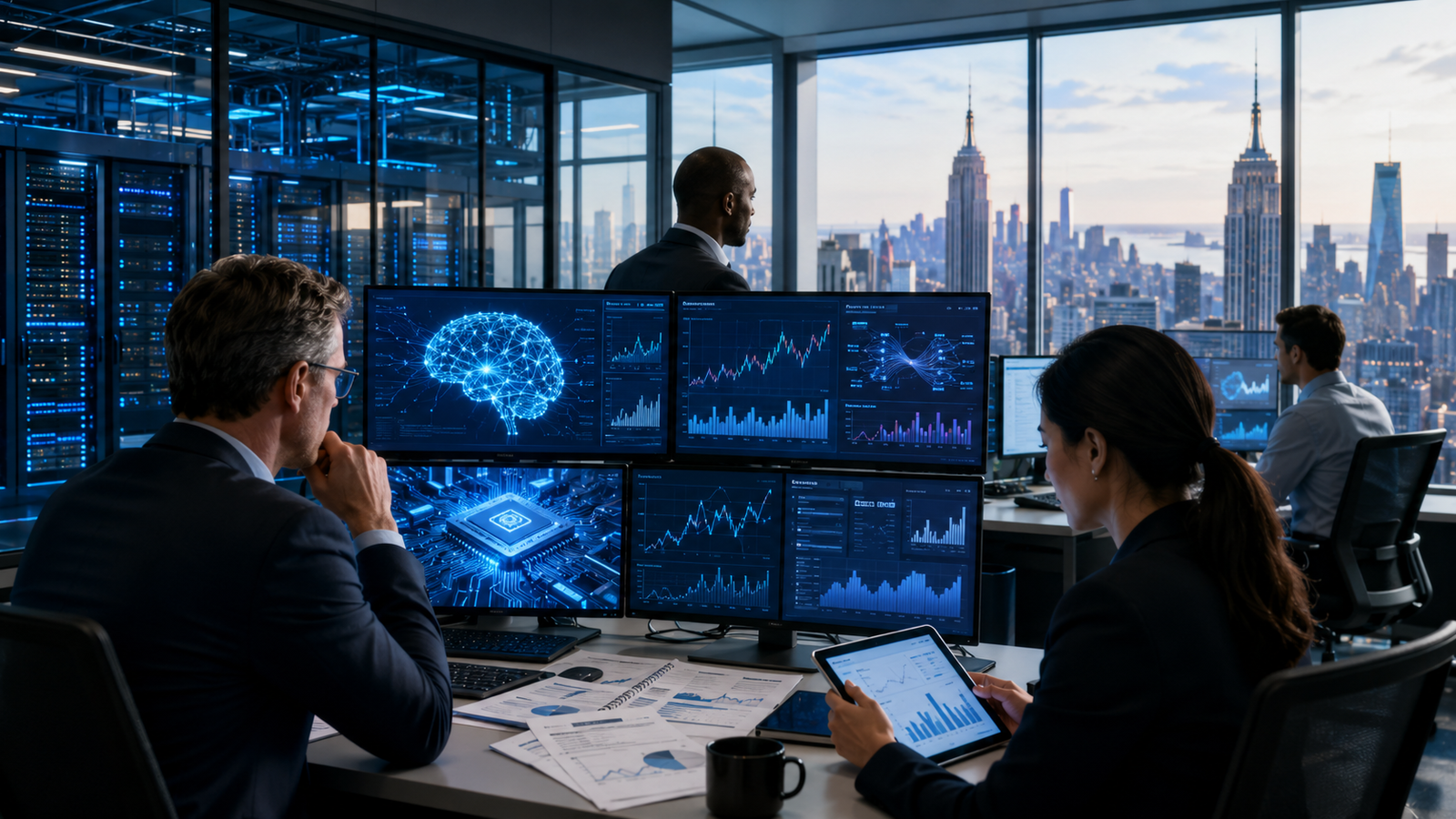 Financial analysts review AI market dashboards, earnings charts and cloud infrastructure data inside a modern office overlooking a city skyline.