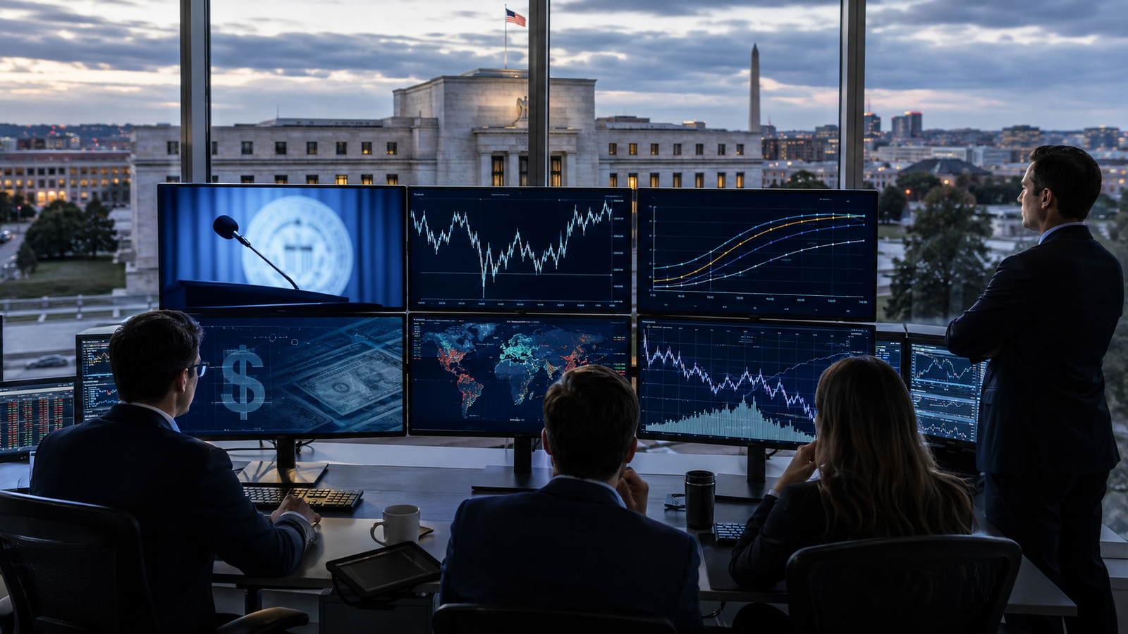 Financial analysts monitor interest rate charts, Treasury market data and Federal Reserve visuals from a trading room overlooking Washington, D.C.
