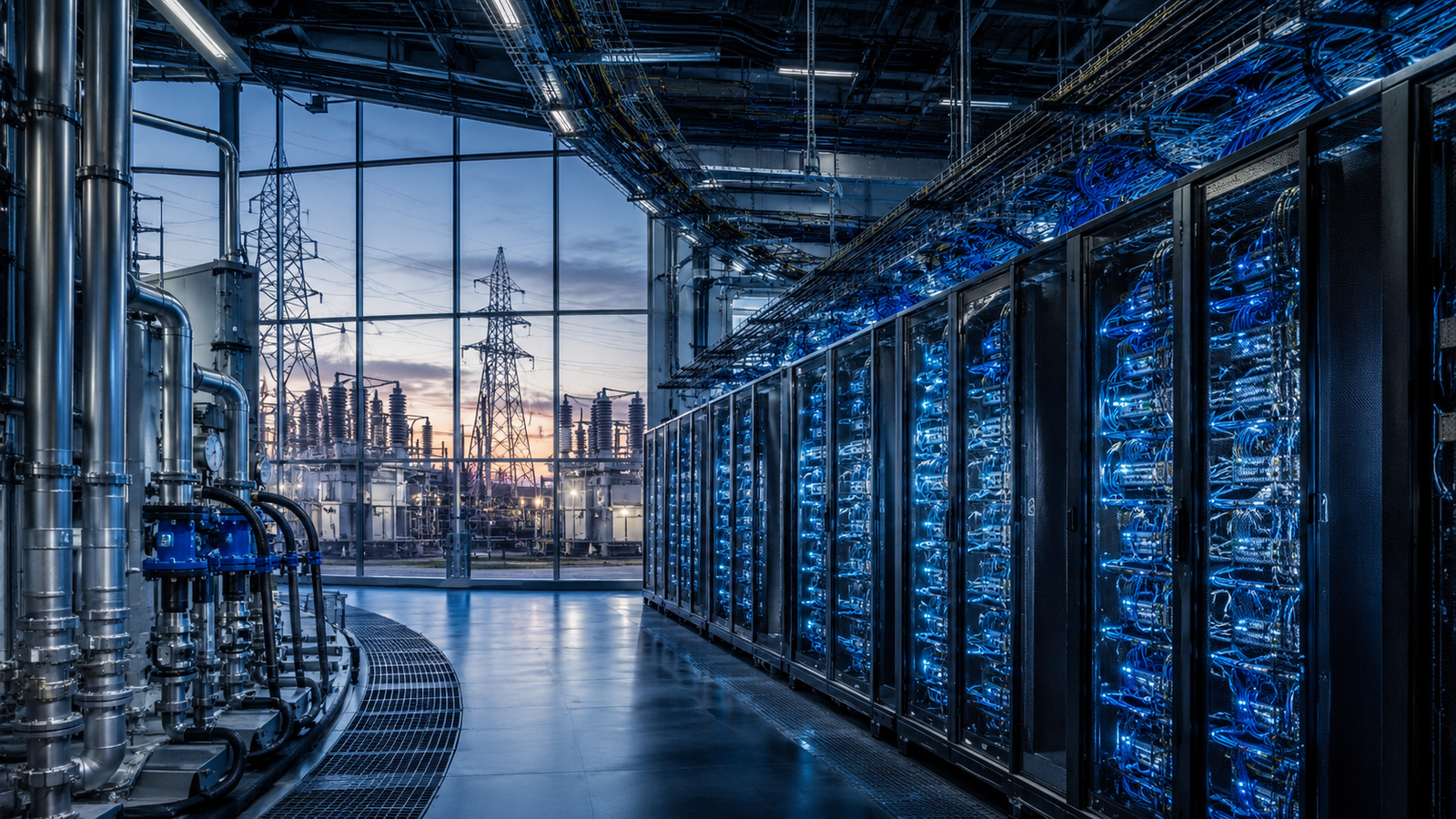 Modern AI data center with glowing server racks, cooling pipes, fiber cabling, and power grid infrastructure visible through large windows.
