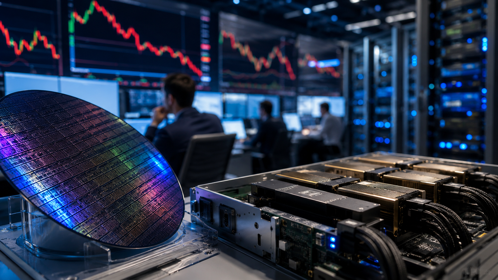 Semiconductor wafer and AI server hardware in a modern trading room with blurred market charts showing stock volatility.