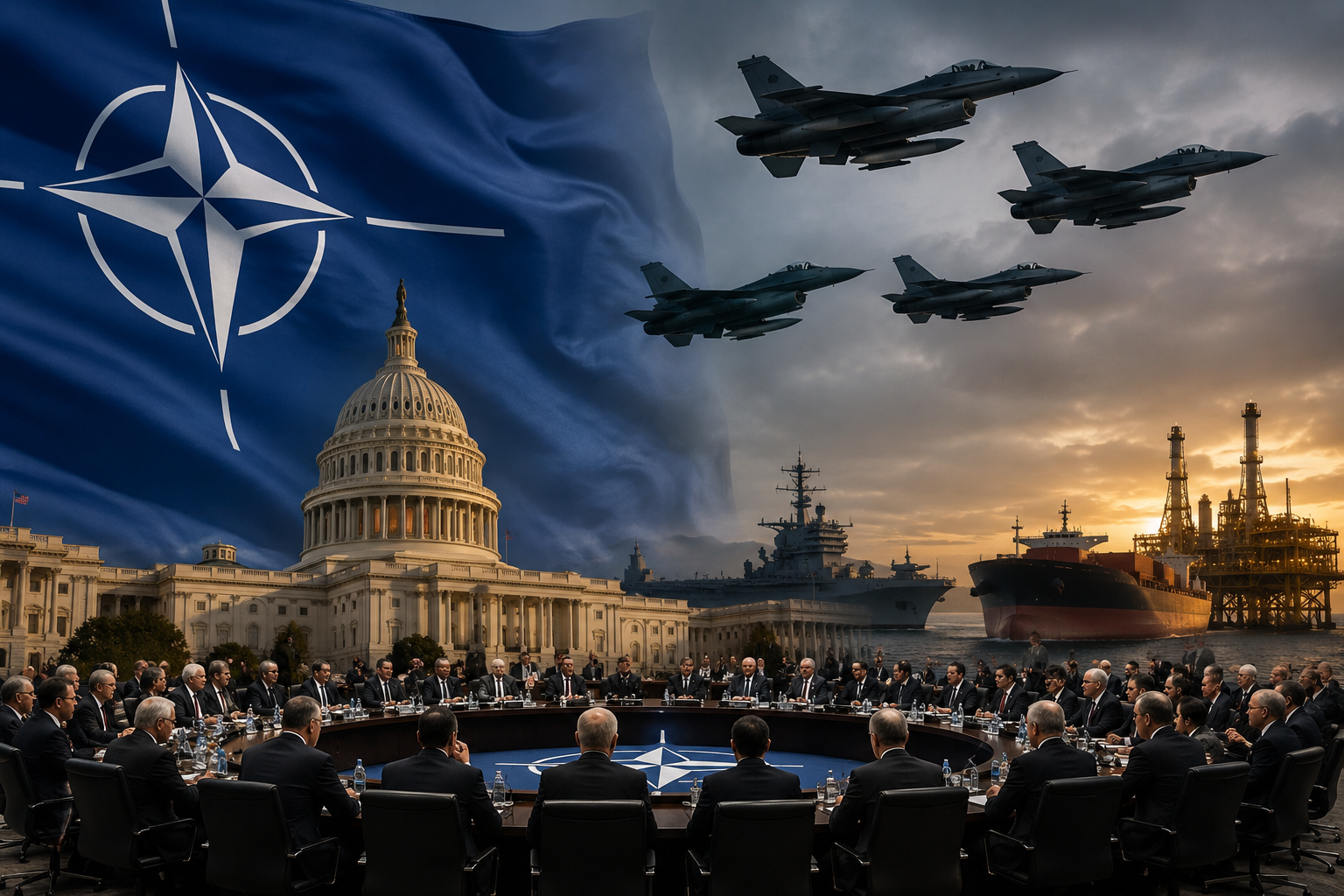 World leaders meet at a NATO summit with military aircraft, naval vessels, and energy infrastructure symbolizing defense spending, geopolitical tensions, and their impact on global financial markets.