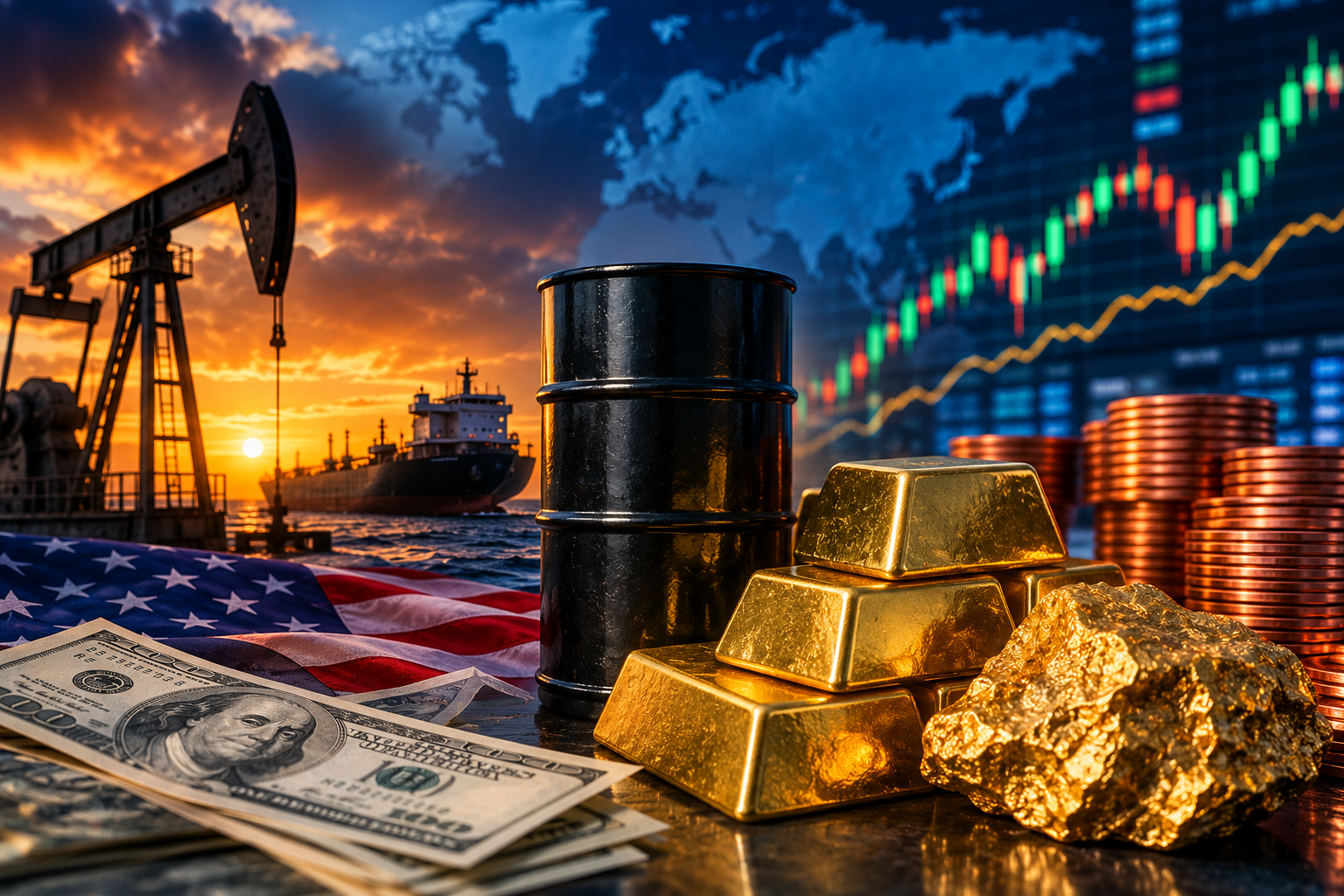 Oil barrels, pumpjacks, gold bars, copper pipes, uranium imagery, and market charts symbolizing rising commodity prices, inflation pressure, and safe-haven demand.