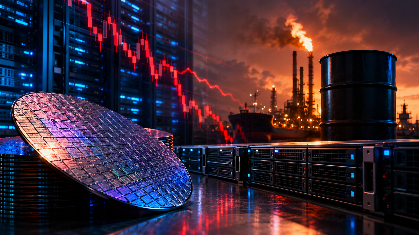 Semiconductor wafers, data center servers, an oil barrel, and refinery flames with a red declining market chart overlay.