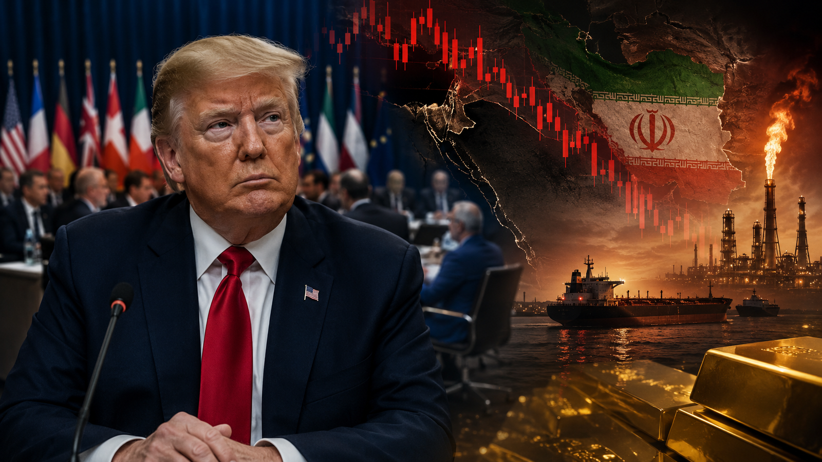 Donald Trump at an international summit with blurred NATO-style delegates behind him, beside Iran imagery, falling red market charts, oil infrastructure, tankers, and gold bars symbolizing geopolitical risk and safe-haven demand.