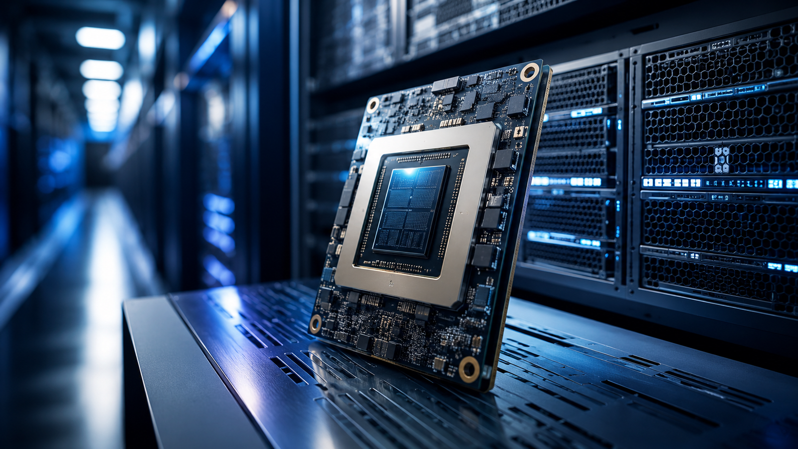 A photorealistic AI processor board displayed inside a modern data center with glowing server racks and blue lighting.