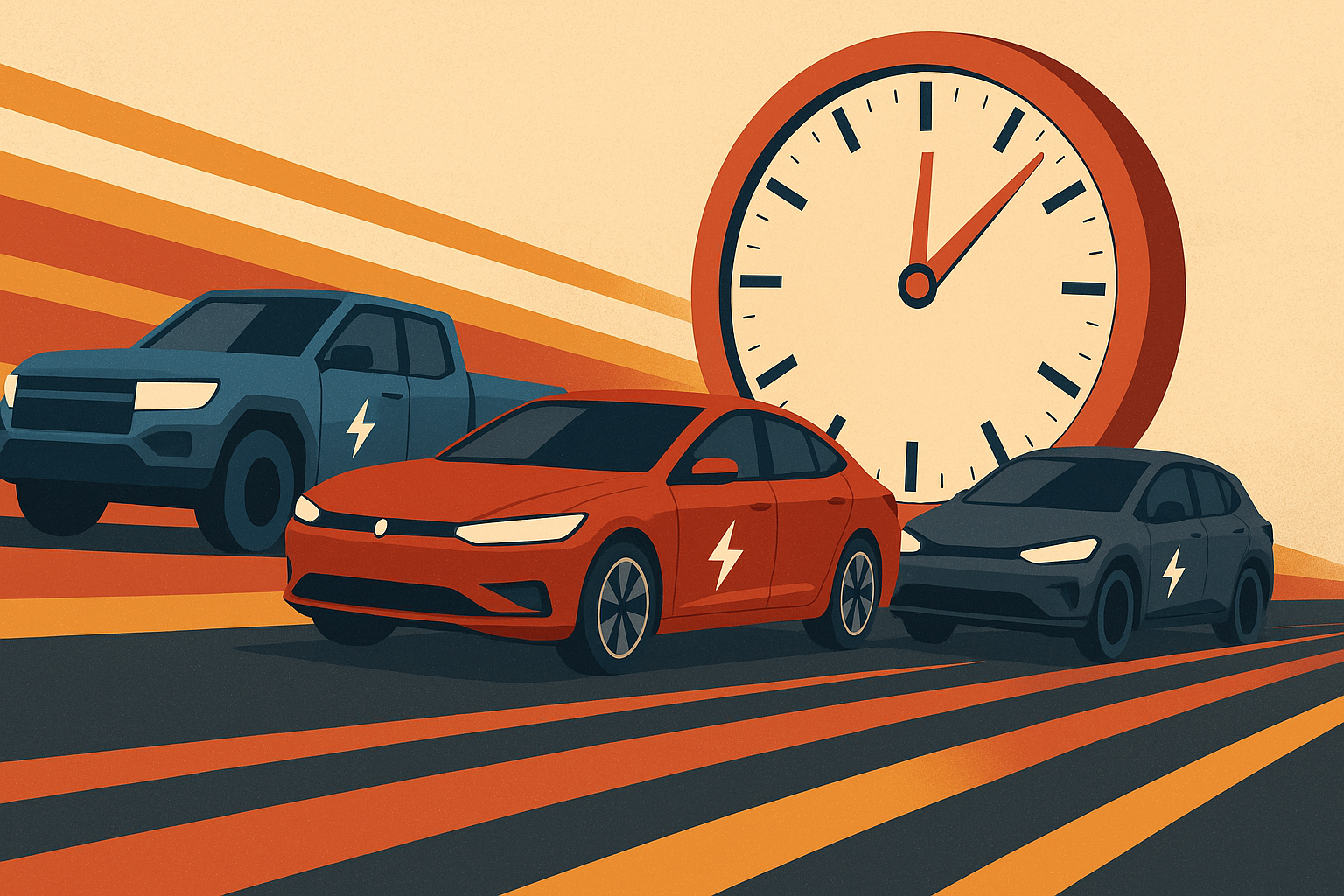 Three electric vehicles speeding in front of a giant red clock with orange motion lines in the background, symbolizing urgency.