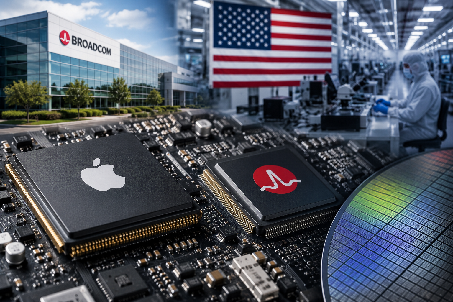 Advanced semiconductor chips and a silicon wafer appear in front of a U.S. cleanroom manufacturing facility and corporate technology campus.