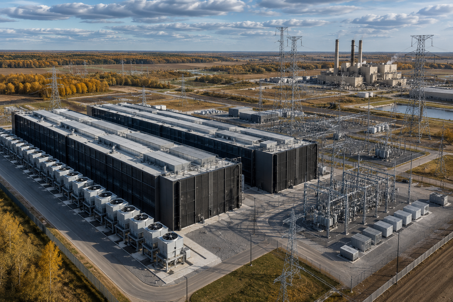 A large AI data center campus is shown beside substations, transmission towers, cooling systems, and a nearby power plant in a rural industrial landscape.
